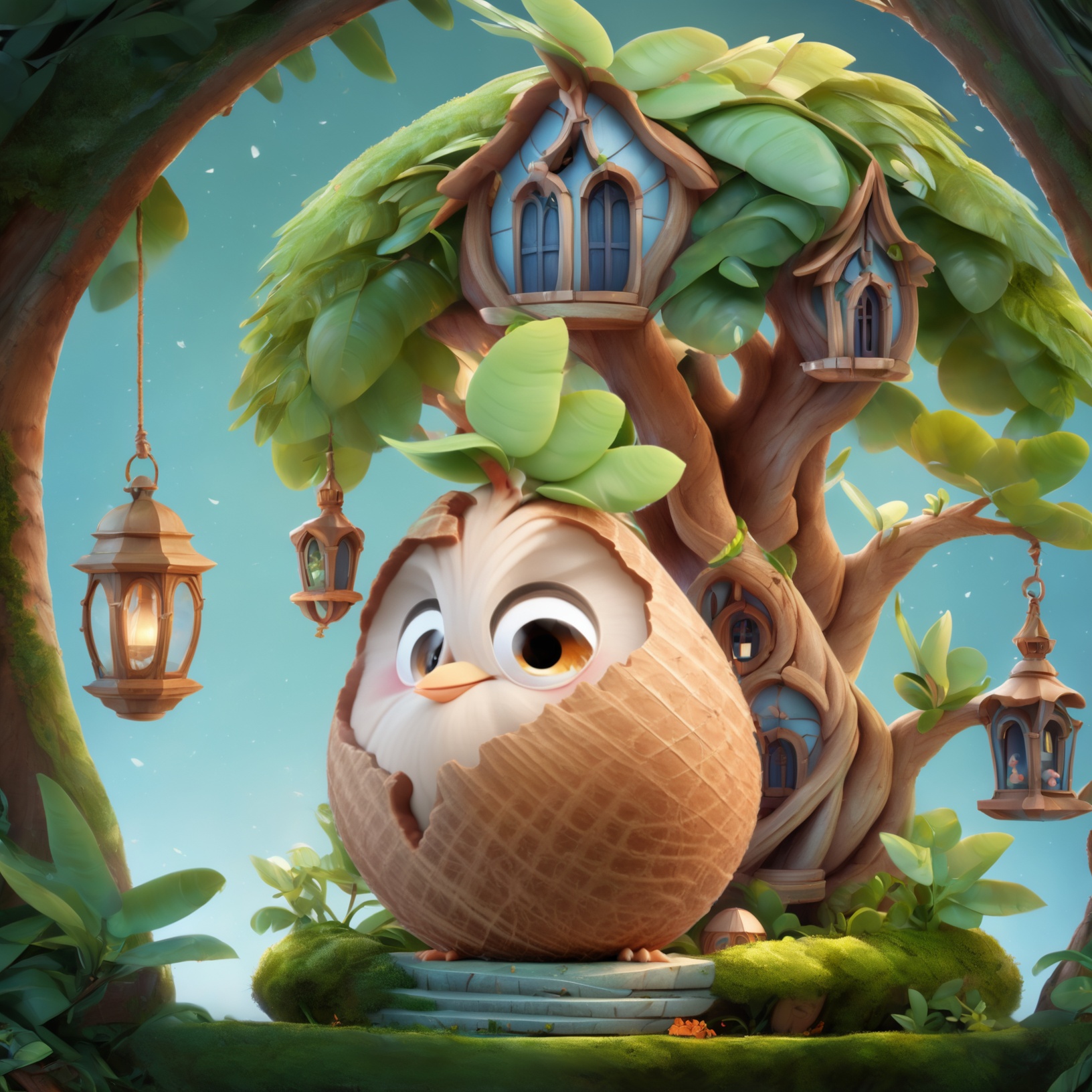 Coconut chicken,The image showcases a whimsical and fantastical scene. In the foreground, there's a large, hatching creature that appears to be a blend of a Coconut chicken and a tree. It has a brownish-beige body with a face that has large, expressive eyes and a beak. The creature is adorned with green leaves sprouting from its head. To the right, there's a beautifully detailed, ornate treehouse with arched windows, a door, and a hanging lantern. The treehouse is surrounded by lush greenery, including plants and flowers. The background is a soft blue, giving the scene a dreamy and serene ambiance.<lora:YZJ 3.0-000004:1>