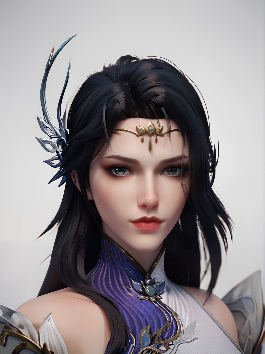 score_9,score_8_up,score_7_up,source_3d,rating_safe,<lora:xuanyi-000008:0.9>,xuanyi,1girl,solo,closed mouth,hair ornament,(forehead jewelry),china dress,looking at viewer,portrait,(grey background),depth of field,blurry background,