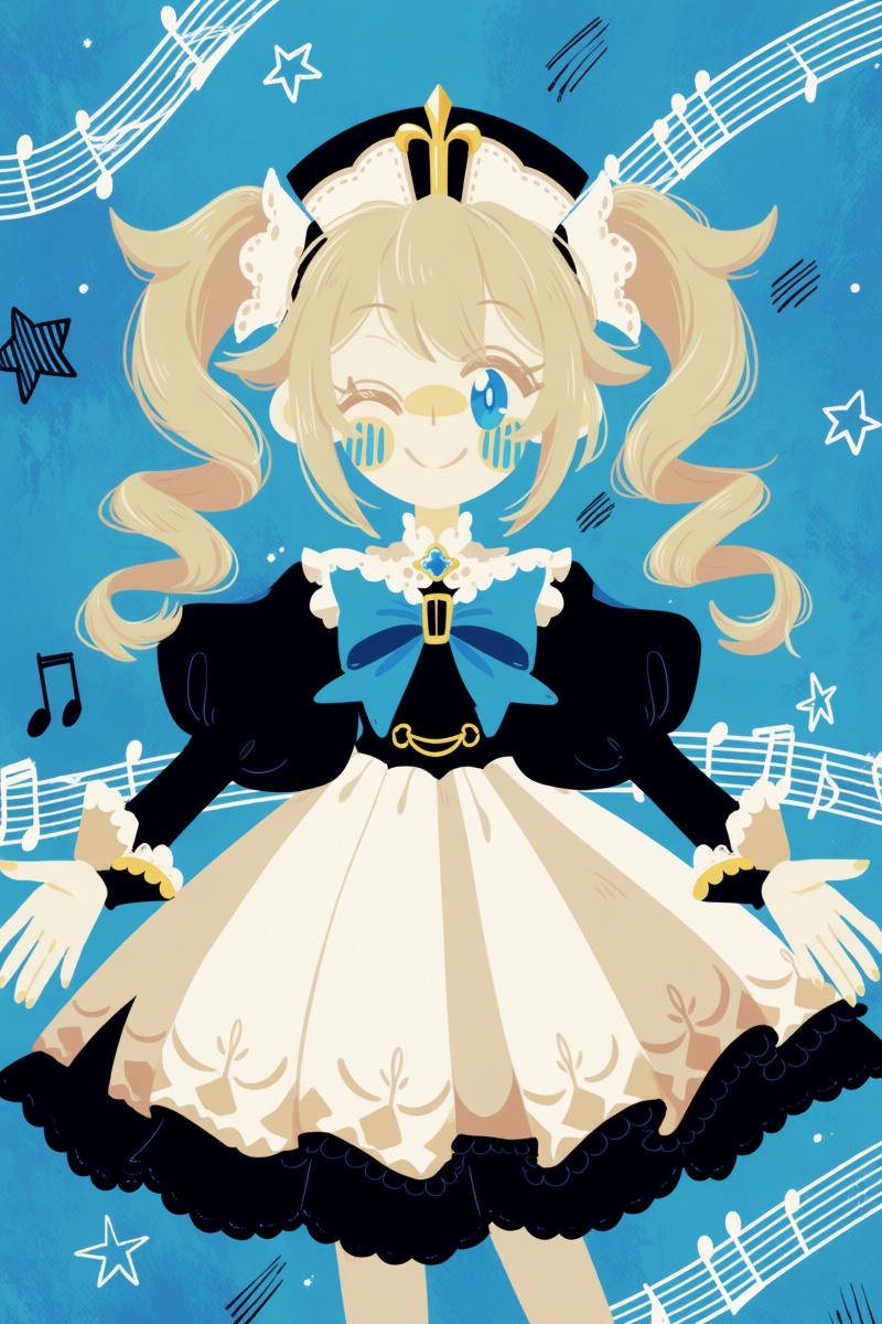 @jsslnst,  A digital illustration depicts a girl with large blue eyes and wavy blonde hair styled in twin pigtails. She we...