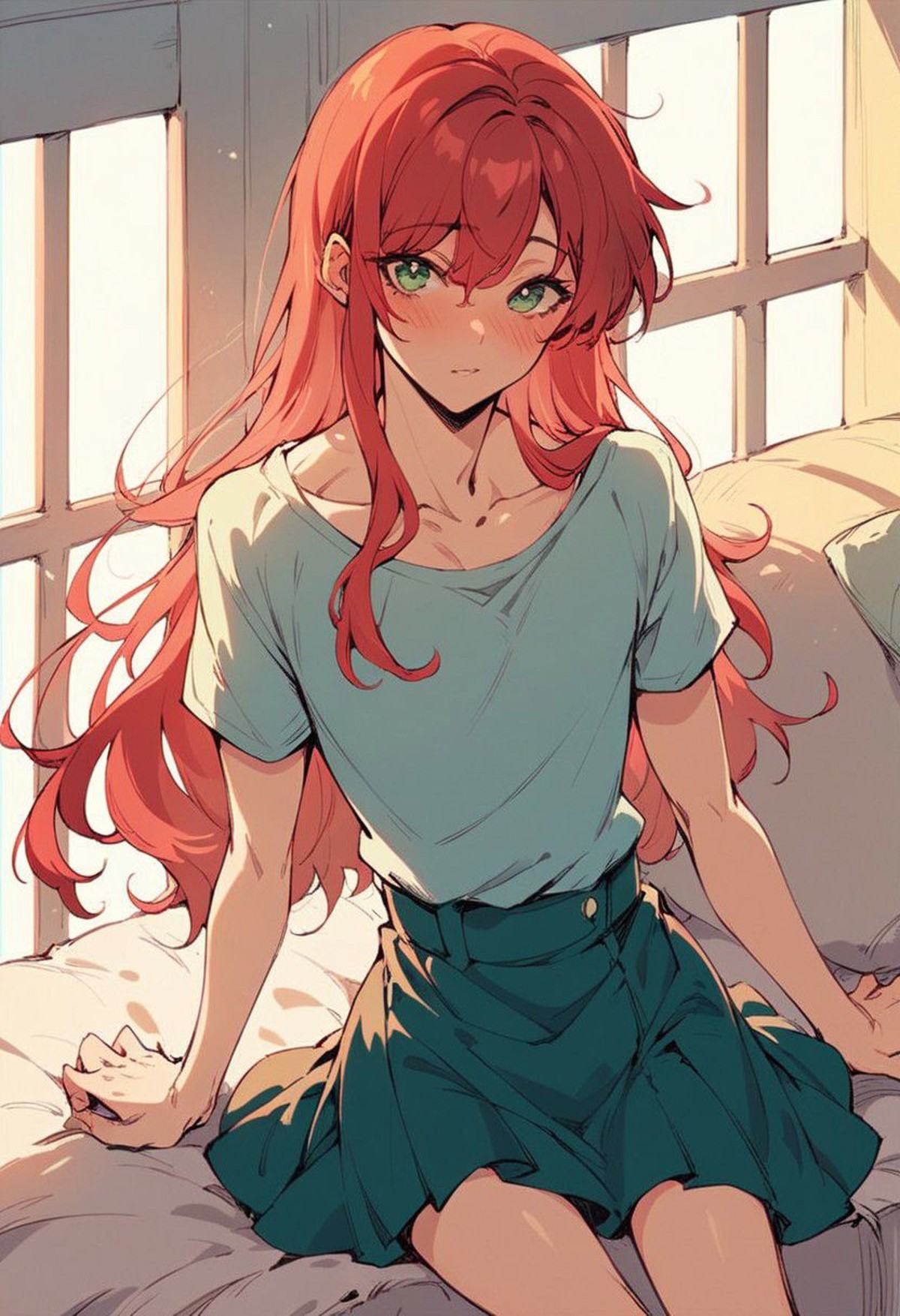 score_9, score_8_up, score_7_up, anime, , 18yo,1boy, sexy, Red hair, femboy, long hair, looking at viewer, skirt , blush, pink,  green eyes, sunlight, coffe