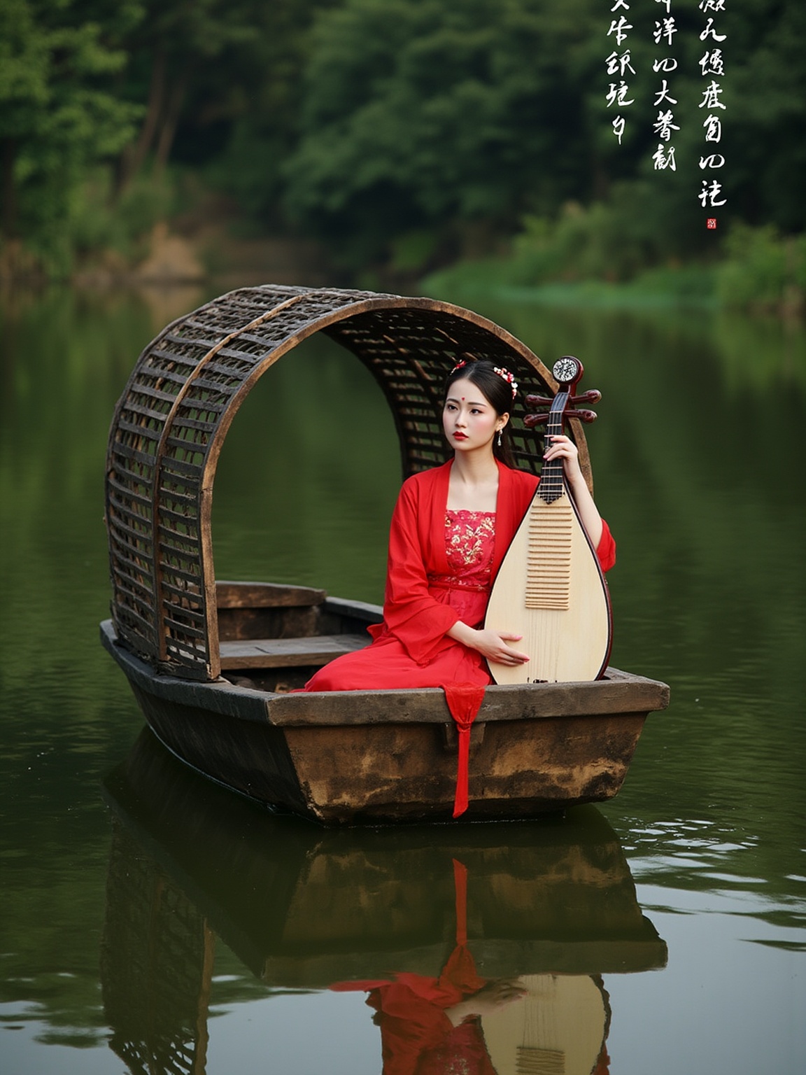 This is a photograph of a young woman sitting in a small wooden boat on a serene, reflective lake. She is dressed in a traditional Chinese red qipao (cheongsam) with intricate embroidery, which accentuates her slender figure and fair skin. The boat is a rustic, traditional design with a curved roof, providing a cozy and intimate setting. She holds a traditional Chinese zither, or qin, with her right hand, while her left hand rests on her lap. The background is lush with greenery, including trees and foliage, creating a tranquil, natural environment. The lake water reflects the scenery and the woman, adding a sense of calm and tranquility. The text on the right side of the image is written in Chinese characters, likely adding a poetic or philosophical meaning to the scene. The overall mood is serene and reflective, emphasizing the peacefulness of the moment and the connection between nature and culture.