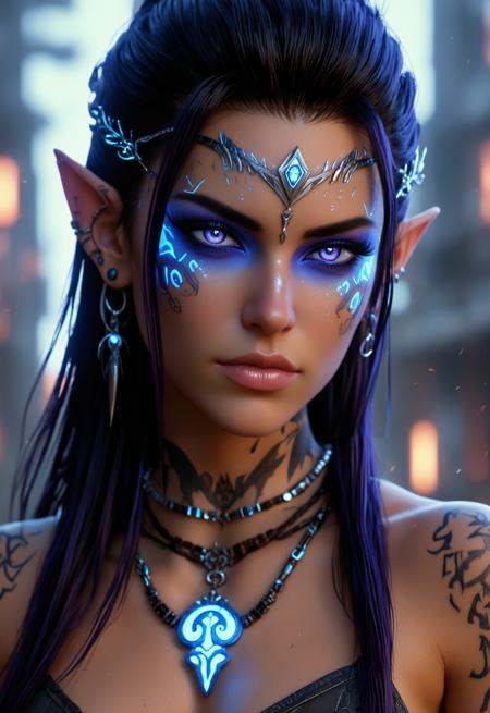 photo of a cyberpunk barbarian Battlecore woman with glowing opalescent third eye,  highly detailed glowing Elvish runes t...