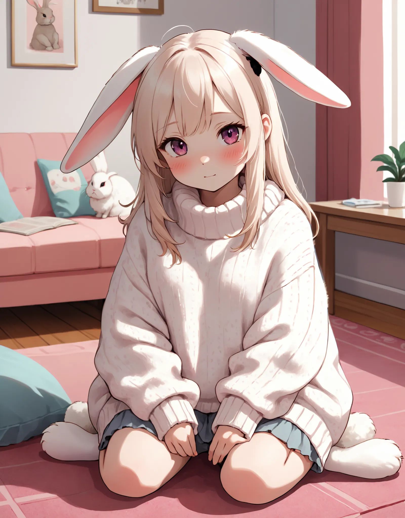 Photo of a Lop-Eared Rabbit Girl wearing a fluffy white sweater,  sitting in her private room on a pink rug on Tensor.Art