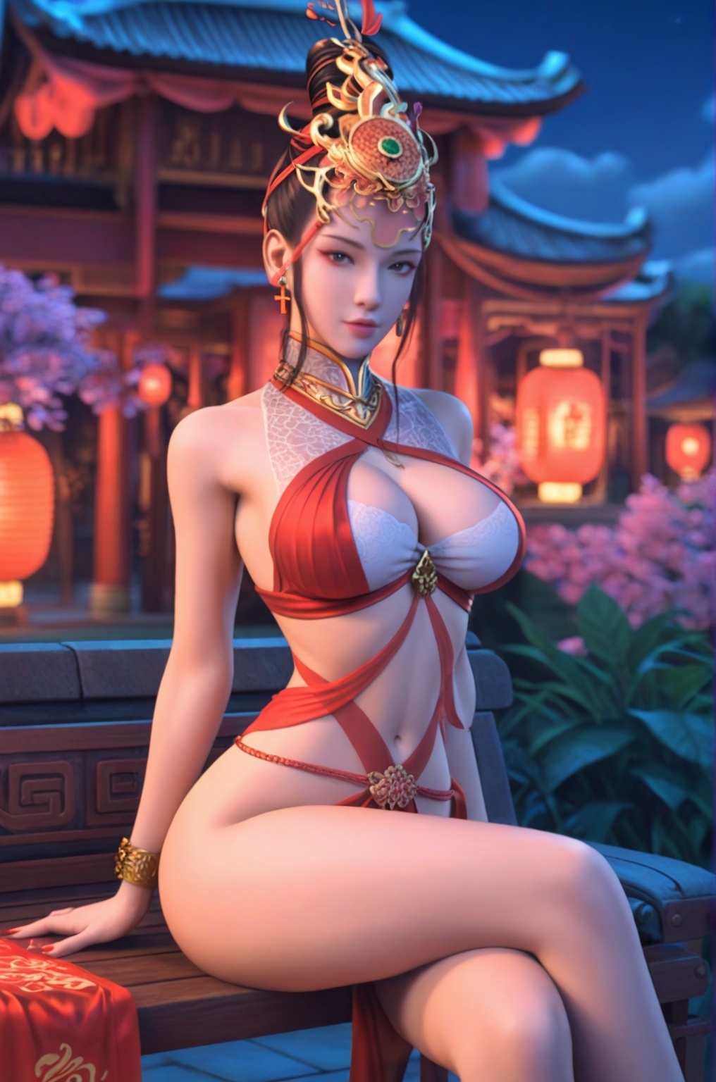 score_9,score_8_up,score_7_up,available light,raw lighting,highly detailed digital,Use soft lighting to cast gentle shadows on the subject,1girl,solo,outdoors,chinese palace,night,jewelry,earring,large breasts,wide hips,curvy body,narrow waist,sitting on bench,cross legs,<lora:SF_TianNvRui_Pony_Realism2.3-000004:0.7>,looking at viewer,