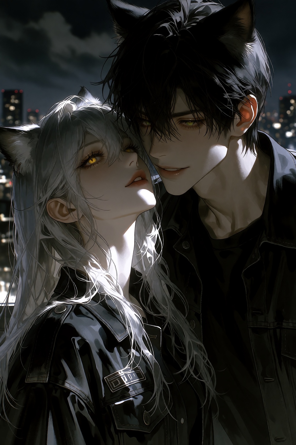 viewed from a close-up angle in dramatic nighttime lighting with a dark,  muted palette,  a woman with long silver hair on...