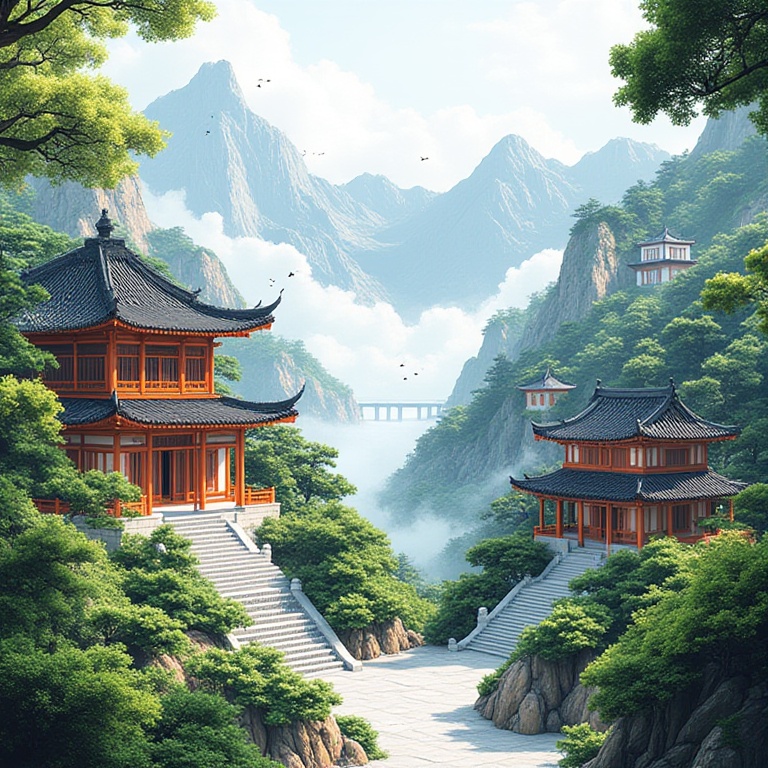 miluo_zsss,Chinese landscape architecture, A kickass digital painting of a peaceful East Asian temple surrounded by lush greenery and towering mountains. The scene features traditional wooden pagodas and intricately designed buildings with curved roofs, all set against a misty, mountainous backdrop with a few birds flitting about. <lora:miluo丨中式山水-1.4:1>