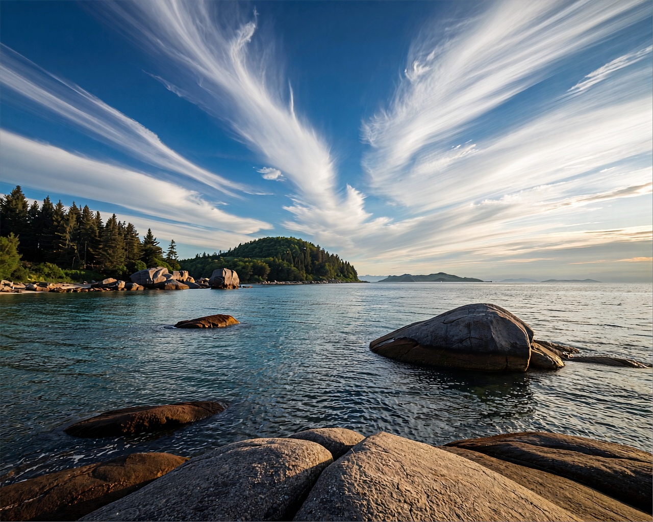 A serene coastal landscape under a vast,  dynamic sky streaked with wispy cirrus clouds arching across deep cerulean blue;...