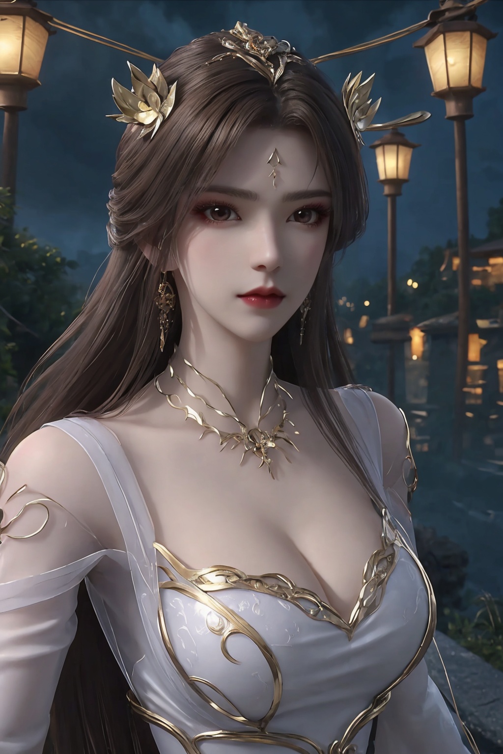 1girl, breasts, brown eyes, brown hair, building, cleavage, dress, earrings, hair ornament, jewelry, lantern, lips, long hair, looking at viewer, necklace, night, paper lantern, solo, white dress <lora:天穹1.0:0.8>