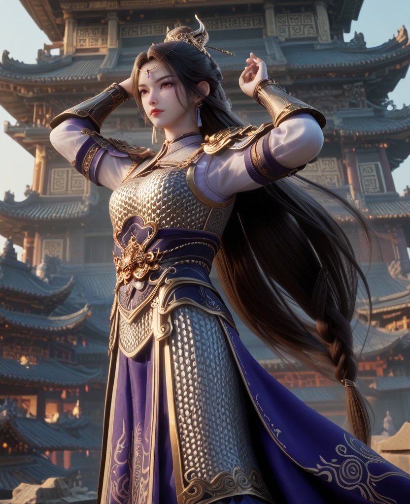 (oriental architecture, elegant decor, sophisticated style:1.1),(Standing on a rooftop, arms raised, celebrating a moment of triumph,:1.1),(breasts:1.2),<lora:XL16牧神记虞渊初雨:0.95>,female general,white armor,orange eyes,forehead pendan,black hair,very long hair,half-up braid with long cascading hair,earrings,pauldrons,vambraces,sash,faulds,purple cape,jambeau,, score_9,score_8_up,score_7_up,score_6_up,score_5_up,score_4_up,3d rendering,tag1,tag2, Cinematic Lighting,backlighting,
