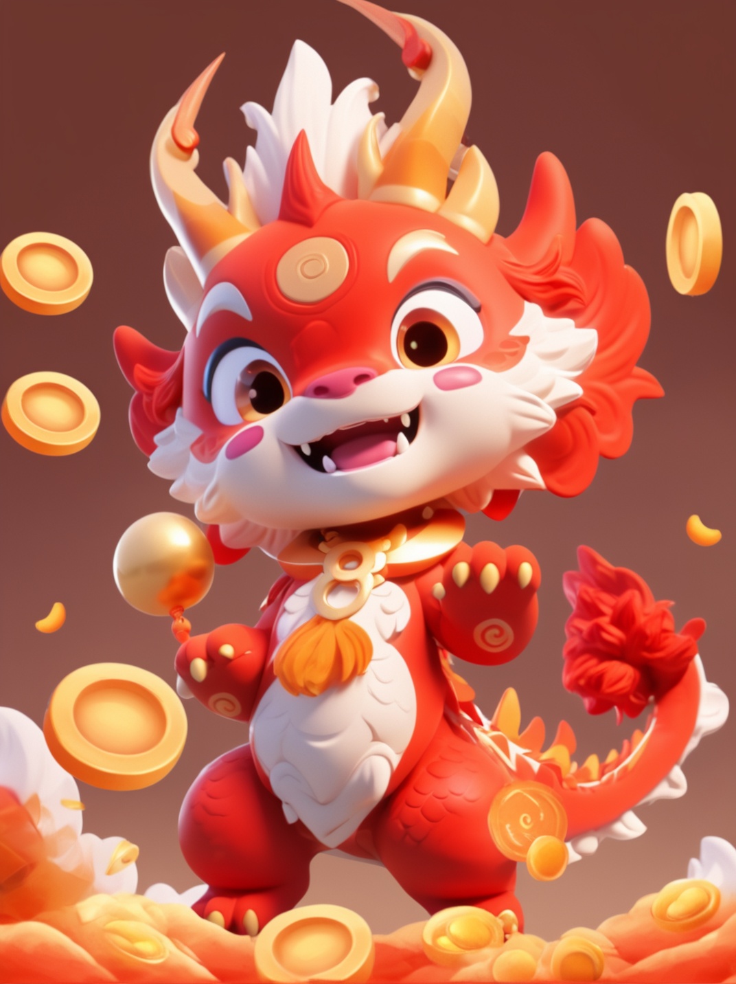 a vibrant and animated character that appears to be a fusion of a dragon and a lion. The creature has a bright red body with white and orange accents, large expressive eyes, and a playful expression. It has a pair of golden horns on its head and a golden collar around its neck. The character is surrounded by golden coins, which are floating in the air around it. The background is a gradient of warm colors, transitioning from a deep orange at the top to a lighter hue at the bottom<lora:LONG IP:1>