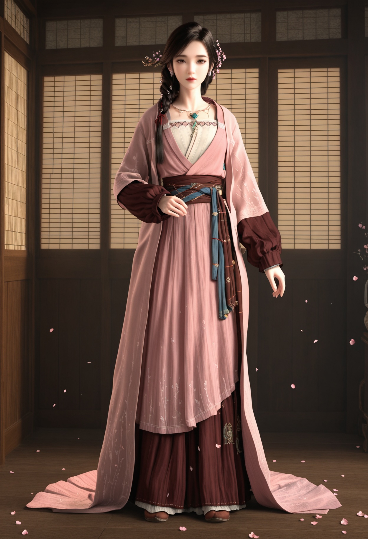 (full_body:1.1),(looking at viewer:1.1),masterpiece,(best quality),smog,Dark room,dim lighting,peach blossom,falling petals,<lora:YQ_Illustrious光辉v5_璎陌_V1:0.8>,q1528437228,1girl,solo,jewelry,long hair,hair ornament,earrings,braid,brown hair,brown eyes,hair flower,necklace,black hair,dress,long sleeves,single braid,