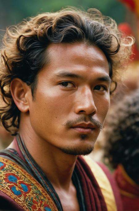 Hyperdetailed Photography, skin details, by Christian Schad, Nicolas Mignard, photograph,close up of a Tibetan (Male [Cherubim|Centaur]:1.2) , the Cherubim is Honorable and Regal, Visiting in a Ciudad Perdida, his hair is Beautiful, Sharp and in focus, Dark Wave Art, Lens Flare, Kodak Ektachrome E100, Depth of field 270mm, Electic Colors