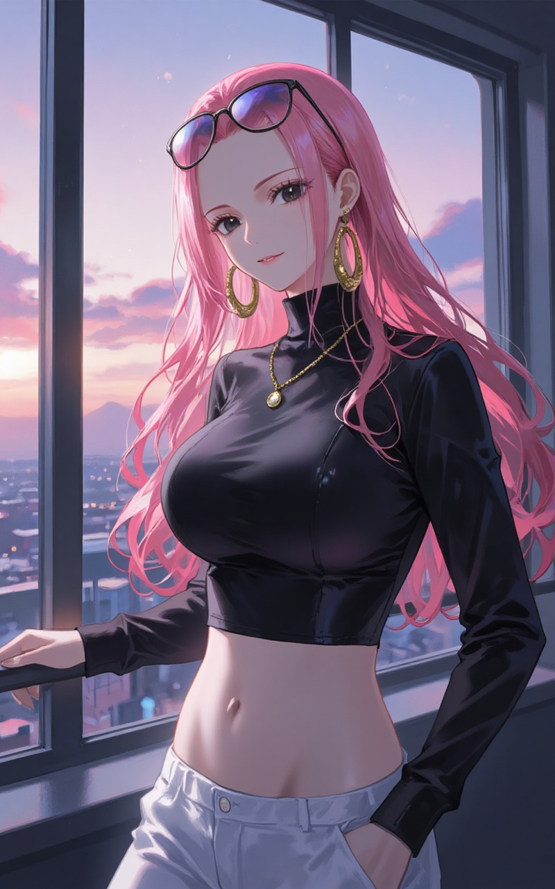 Hina\(one piece\),baoshi,lvjing,Hina\(one piece\),pink hair,black eyes,eyewear on head,long hair,sharp eyes,fair_skin,1girl,jewelry,solo,midriff,earrings,crop top,navel,breasts,pants,looking at viewer,white pants,railing,sky,necklace,ring,window,cloud,long sleeves,against railing,sunset,black shirt,standing,large breasts,cropped shirt,indoors,head tilt,turtleneck,cropped sweater,shirt,smile,stomach,evening,hand in pocket,hoop earrings,simple background,gradient_background,Close-up details,outstanding style,adding a touch of dimension to your images without compromising details,absurdres,colorful,