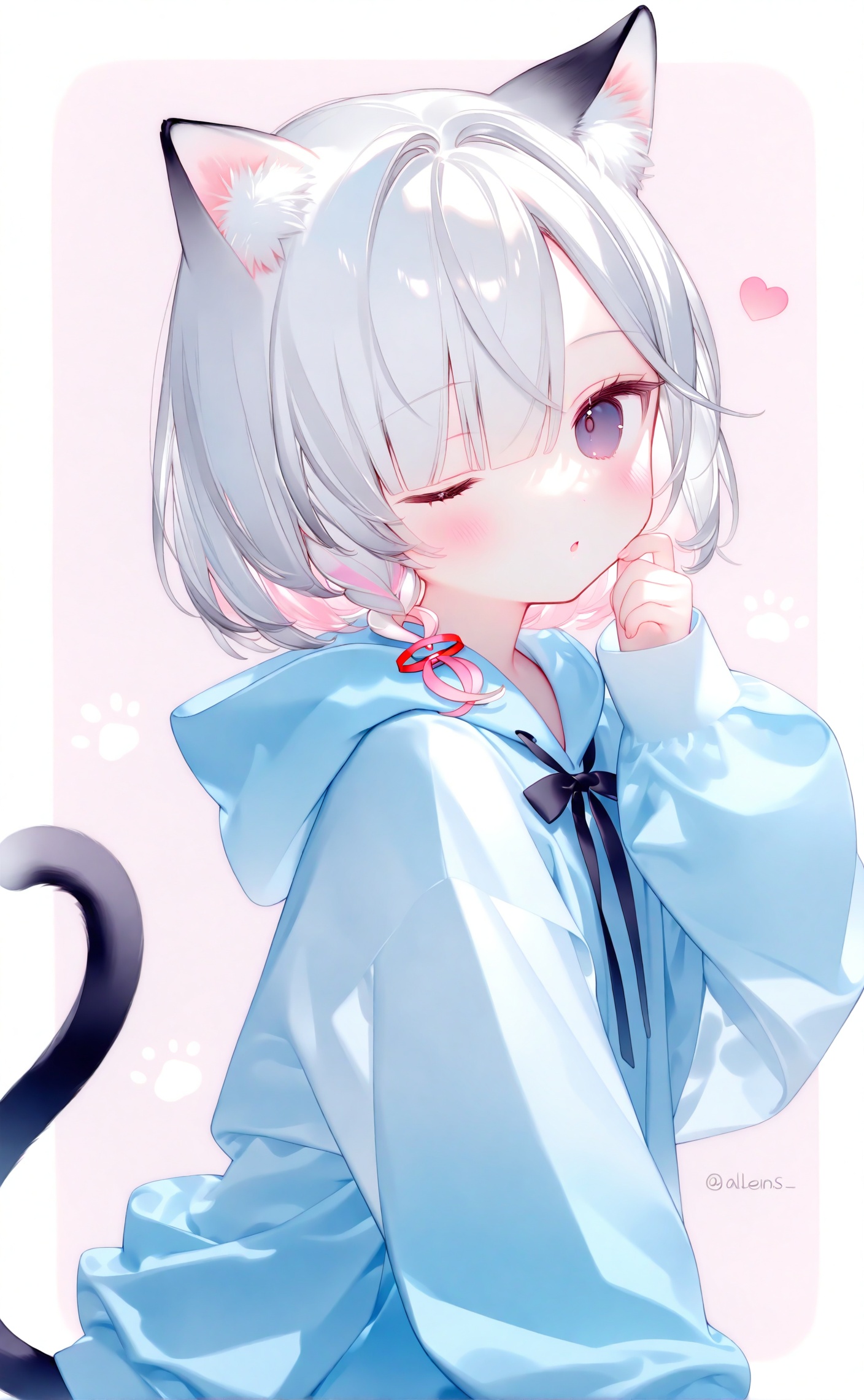 alens,plana,1girl, solo, looking at viewer, blush, bangs, hair ornament, long sleeves, ribbon, animal ears, purple eyes, tail, white hair, heart, parted lips, one eye closed, puffy sleeves, cat ears, hand up, hood, twitter username, cat tail, animal ear fluff, sleeves past wrists, hoodie, hood down, cat girl, animal print, puffy long sleeves, ;o, blue hoodie<lora:Alens zz up-000021:0.8>