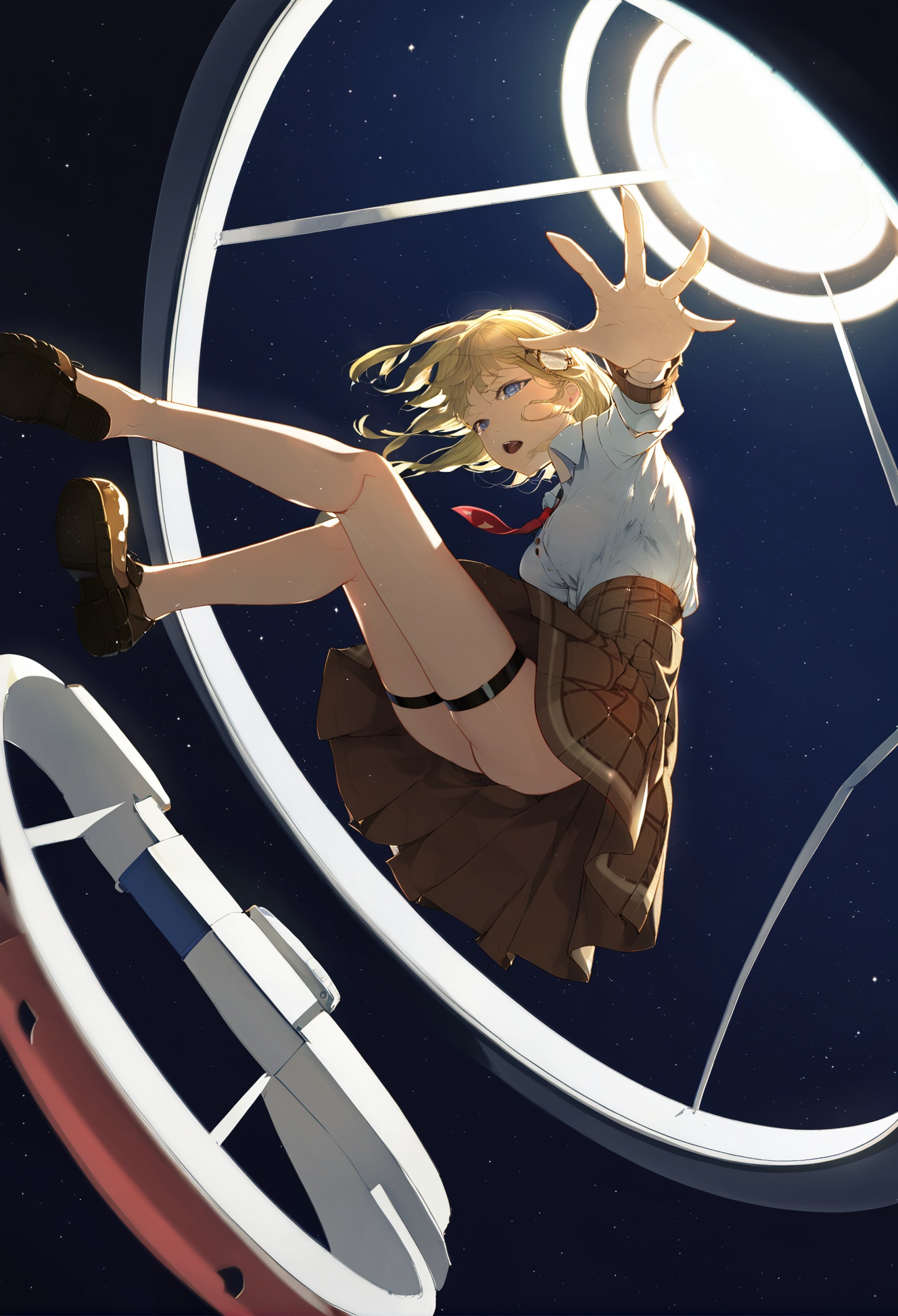 masterpiece, best quality,1girl, watson amelia, watson amelia \(1st costume\),  blonde hair, solo, virtual youtuber, skirt, space, star \(sky\), necktie, shirt, white shirt, open mouth, red necktie, starry sky, high-waist skirt, brown skirt, sky, barefoot, falling, signature, shoes, night sky, pleated skirt, looking at viewer, night, breasts, sitting, full body, blue eyes, clothes lift, unworn shoes, thigh strap, cleavage, large breasts, plaid, lifted by self, long hair, plaid skirt, hair ornament, outdoors, long sleeves, collared shirt, dress shirt, skirt lift <lora:DInoballXLlokr8f-000185:0.95>