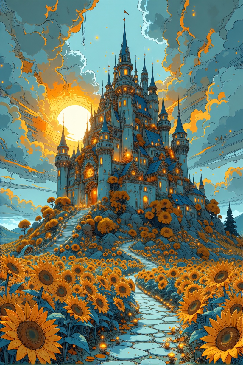 fantasy castle,  on a hill made of sunflowers,  YFGFutureBlue style on Tensor.Art