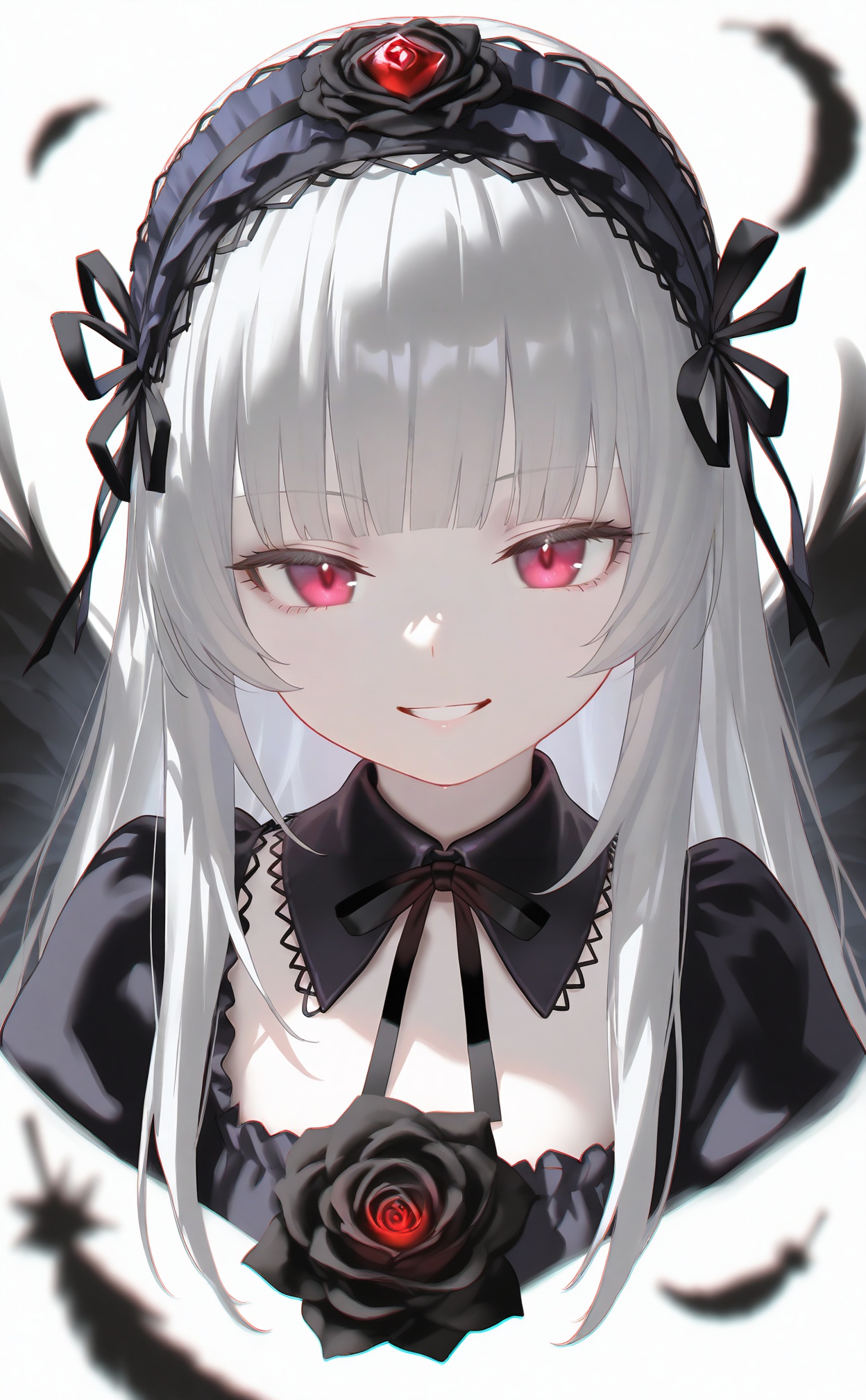 masterpiece,highres,absurdres,newest,best quality,high quality,loli,petite,chromatic_aberration,//,1girl,suigintou,solo,feathers,black_feathers,lolita_hairband,hairband,white_background,long_hair,black_hairband,looking_at_viewer,black_flower,smile,simple_background,black_wings,portrait,black_rose,white_hair,black_ribbon,ribbon,lolita_fashion,gothic_lolita,parted_lips,wings,rose,blunt_bangs,black_dress,falling_feathers,frilled_hairband,pink_eyes,red_eyes,grin,hair_ribbon,flower,dress,grey_hair,pale_skin,feathered_wings,colored_skin,//,//,<lora:nyalia33:1>,
