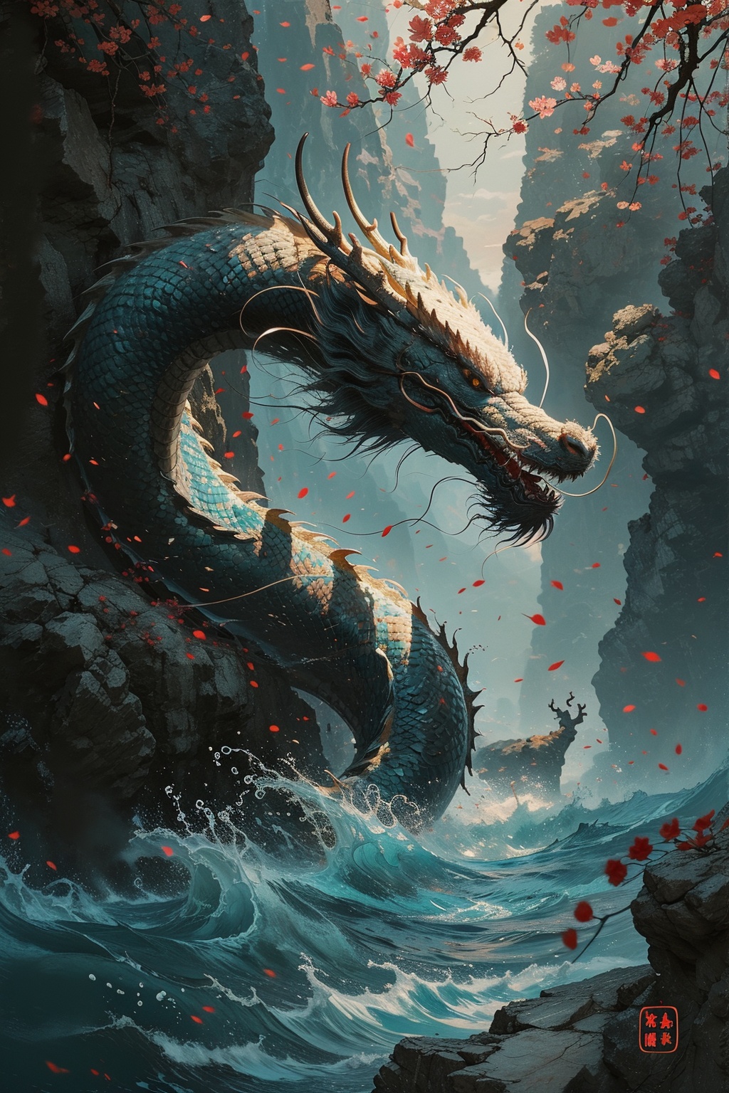 sdmai, guofenglong, dragon, eastern dragon, scenery, water, no humans, outdoors <lora:国风龙sdmai,guofenglong:0.8>