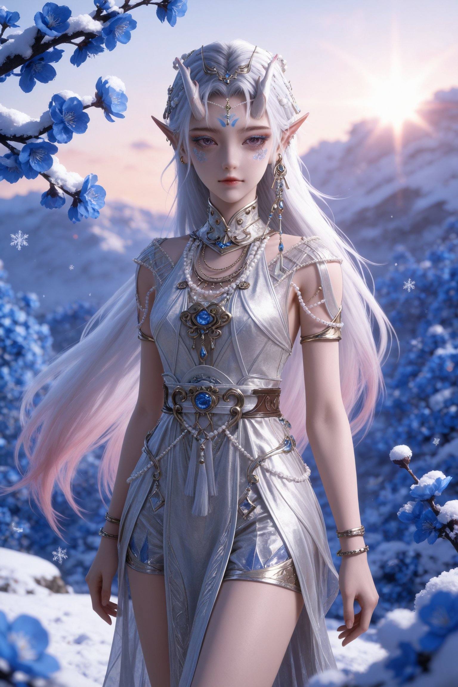 Nai3 style,realistic style photo,outstanding style,Use soft lighting to cast gentle shadows on the subject,adding a touch of dimension to your images without compromising details,whirls of vapor,(Anime:1.1),soft neon light,ethereal ambiance,delicate details,magical atmosphere,concept art,highly detailed,ultra-high resolution,32K UHD,sharp focus,best-quality,masterpiece,golden hour,unconventional supreme masterpiece,masterful details,temperate atmosphere,with a high-end texture,in the style of fashion photography,magazine style,Dynamic Angle,Dynamic posture,magazine style,Dynamic Angle,Dynamic posture,(cowboy_shot:1.2),eye trail,depth of field,cinematic lighting,lens flare,close-up,extreme aesthetic,(wlop:0.6),(honjou raita,lack,rella,wanke:0.5),masterpiece,best quality,good quality,newest,year 2025,very aesthetic,absurdres,Visual impact,A shot with tension,ultra-high resolution,32K UHD,sharp focus,best-quality,masterpiece,Emotionalization,unconventional supreme masterpiece,masterful details,temperate atmosphere,with a high-end texture,in the style of fashion photography,(Visual impact:1.2),giving the poster a dynamic and visually striking appearance,<lora:百炼成神3-封念云IL:0.7>,1girl,long hair,white hair,pointy ears,hair ornament,facial mark,eyelashes,purple eyes,bracelet,horns,white dress,armlet,gem,anklet,long legs,toenails,shorts,, solo,  upper body, blue flower, looking at viewer, snowflakes, closed mouth, branch,