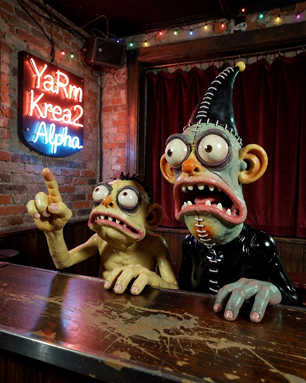 A vibrant,  low-budget television set design featuring two grotesque,  rubbery puppet characters in a dimly lit club inter...