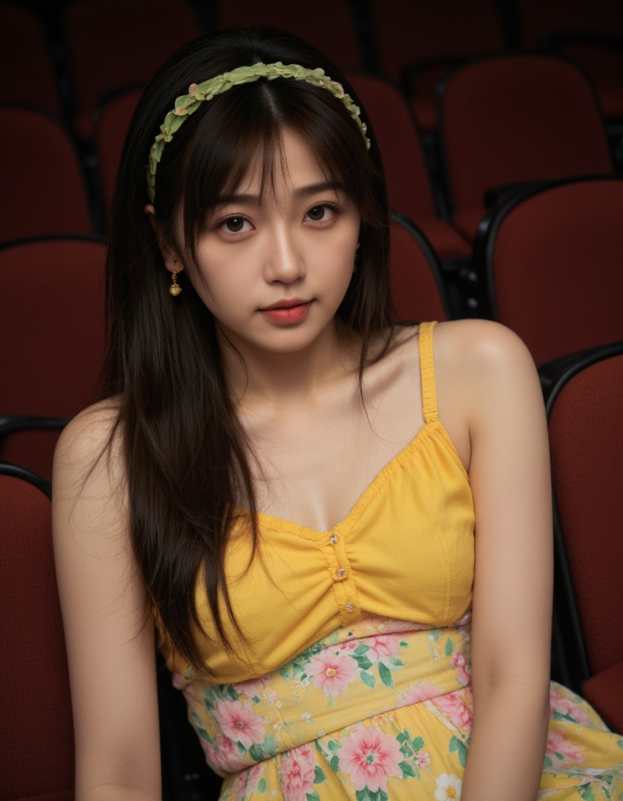The image shows a young woman sitting in a movie theater. She is wearing a yellow top with a green headband and a yellow skirt with a floral pattern. She has long black hair and is looking directly at the camera with a serious expression. The theater has red seats and there is a red curtain in the background. The overall mood of the image is serious and contemplative. <lora:flux-lora-000008:1>,