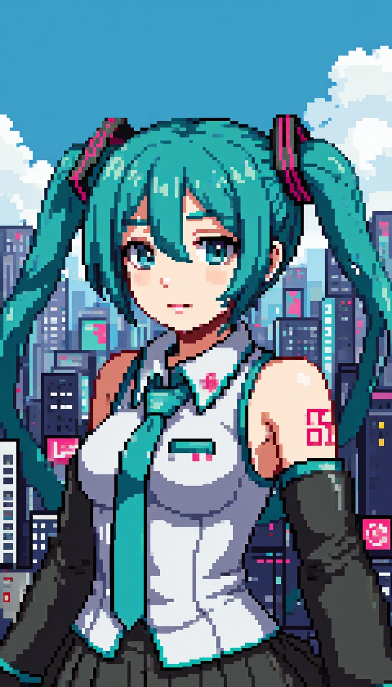 in the style of aziib pixel,  a pixel art portrait of confident Hatsune Miku stands amidst a vibrant cityscape on Tensor.Art