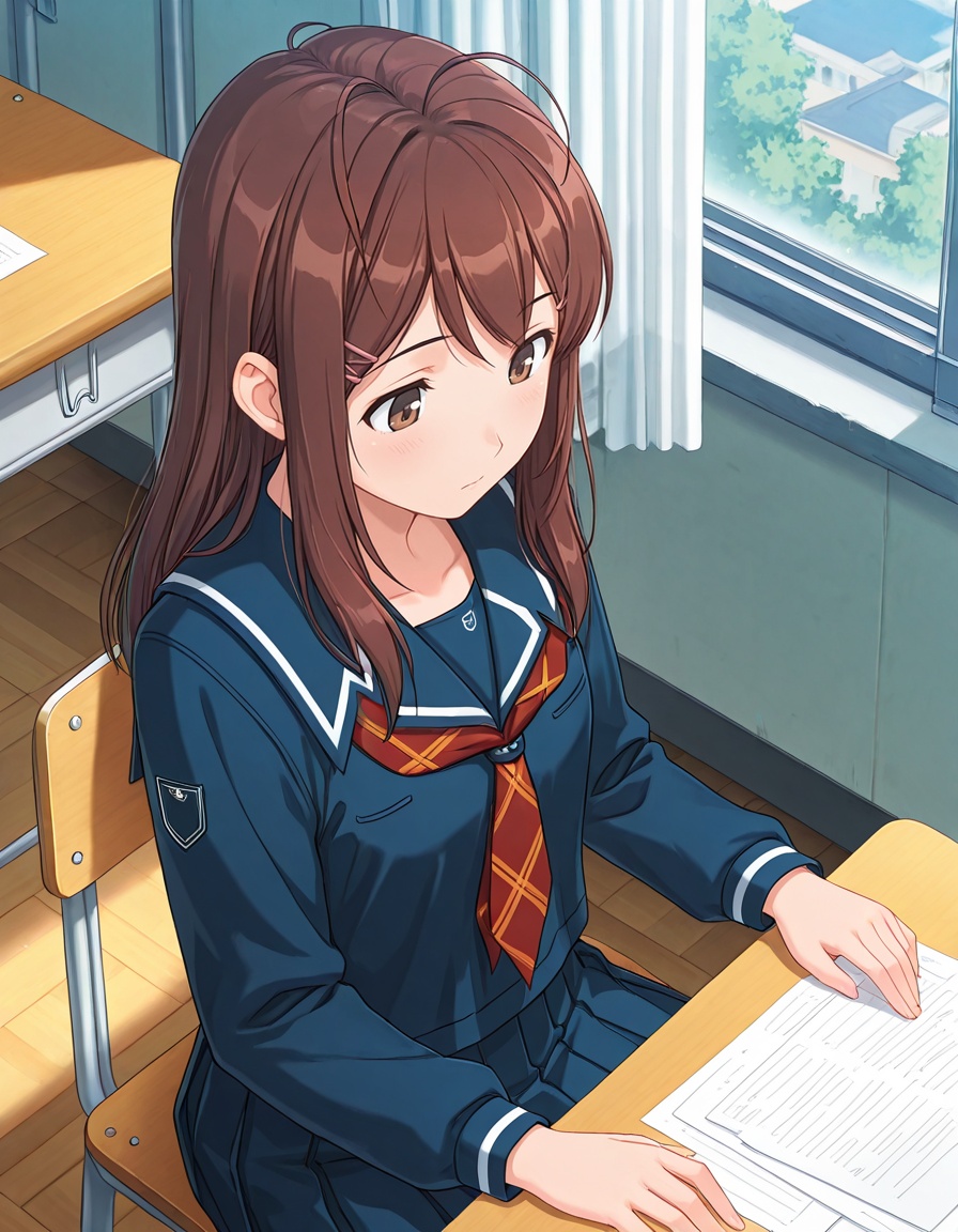 masterpiece, best quality, amazing quality, detailed background,1girl, solo, looking down, indoors, classroom, table, sitting, paper, window,  from above, curtain,<lora:yuumi_hoshino-kimikiss_pure_rouge_s1-ixl-anime-soralz:1>, yuumi hoshino (kimikiss pure rouge), long hair, antenna hair, hairclip, sidelocks, brown eyes,school uniform, blue serafuku, blue sailor collar, orange neckerchief, plaid neckerchief, long sleeves, blue pleated skirt, 