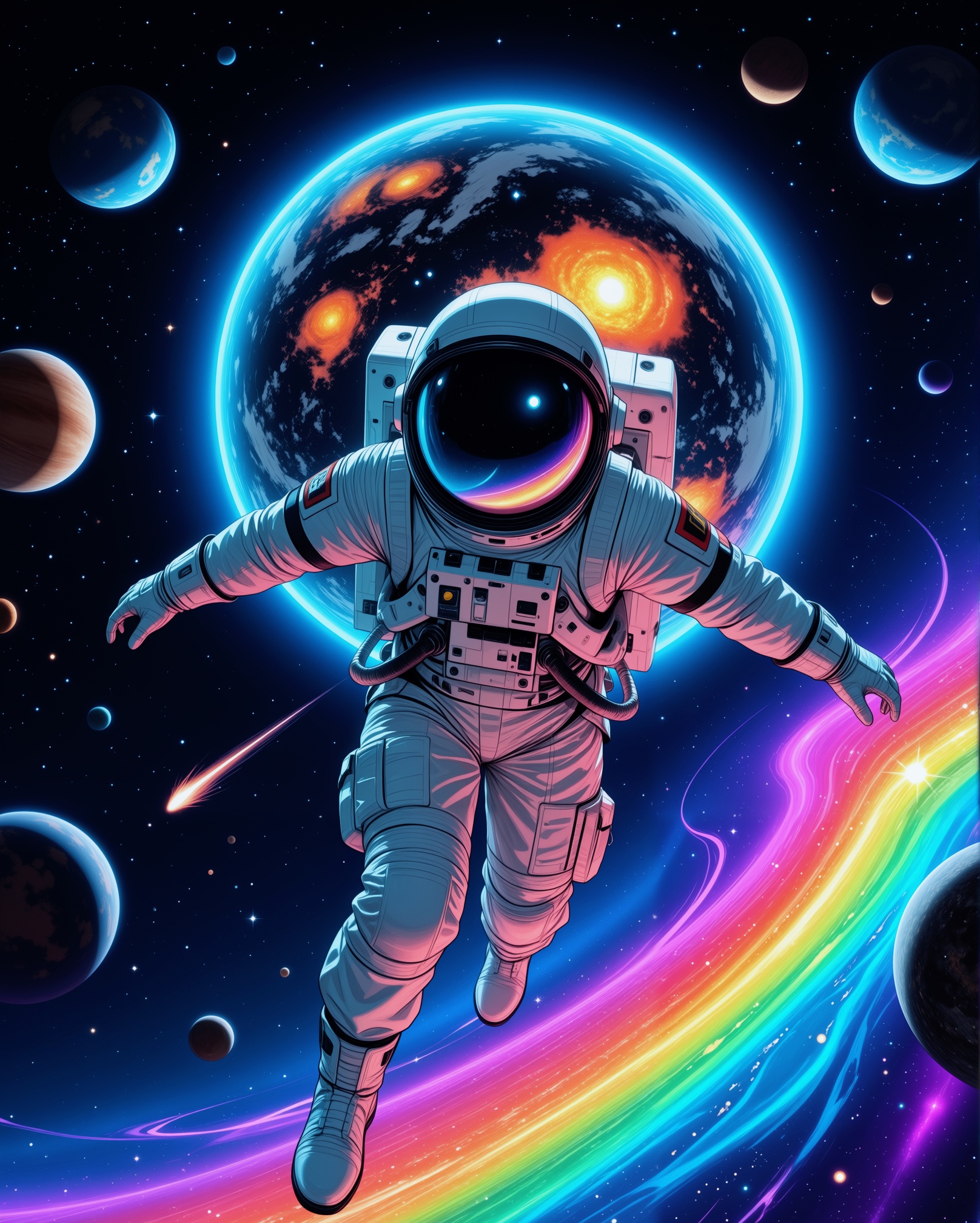 synthwave,  A vibrant,  sci-fi illustration featuring a spaceman in outer space on Tensor.Art