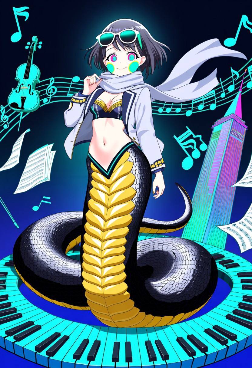 A surreal,  ultra-detailed anime digital artwork of a lamia girl whose serpentine lower body forms a treble clef. Her scal...