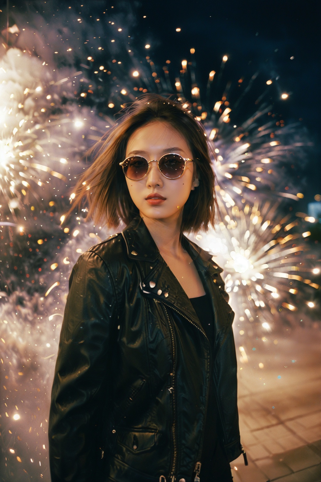 an asian girl,film grain texture,analog photography aesthetic,fire,fireworks,night,<lora:disillusion · fireworks_SDXL:1>,sunglasses,(Leather_jacket:1.4),portrait,cityscape,