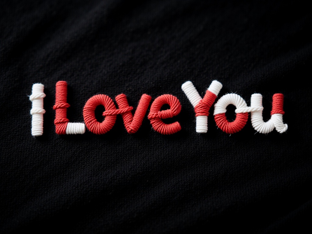 IPBD,This is a photograph of a black fabric with the word "I Love You" embroidered in red and white thread. The letters are intricately woven,creating a heartwarming,textured design. The background is solid black,making the vibrant blue and white threads stand out prominently. The style is modern and minimalist,focusing on the heartfelt message.,