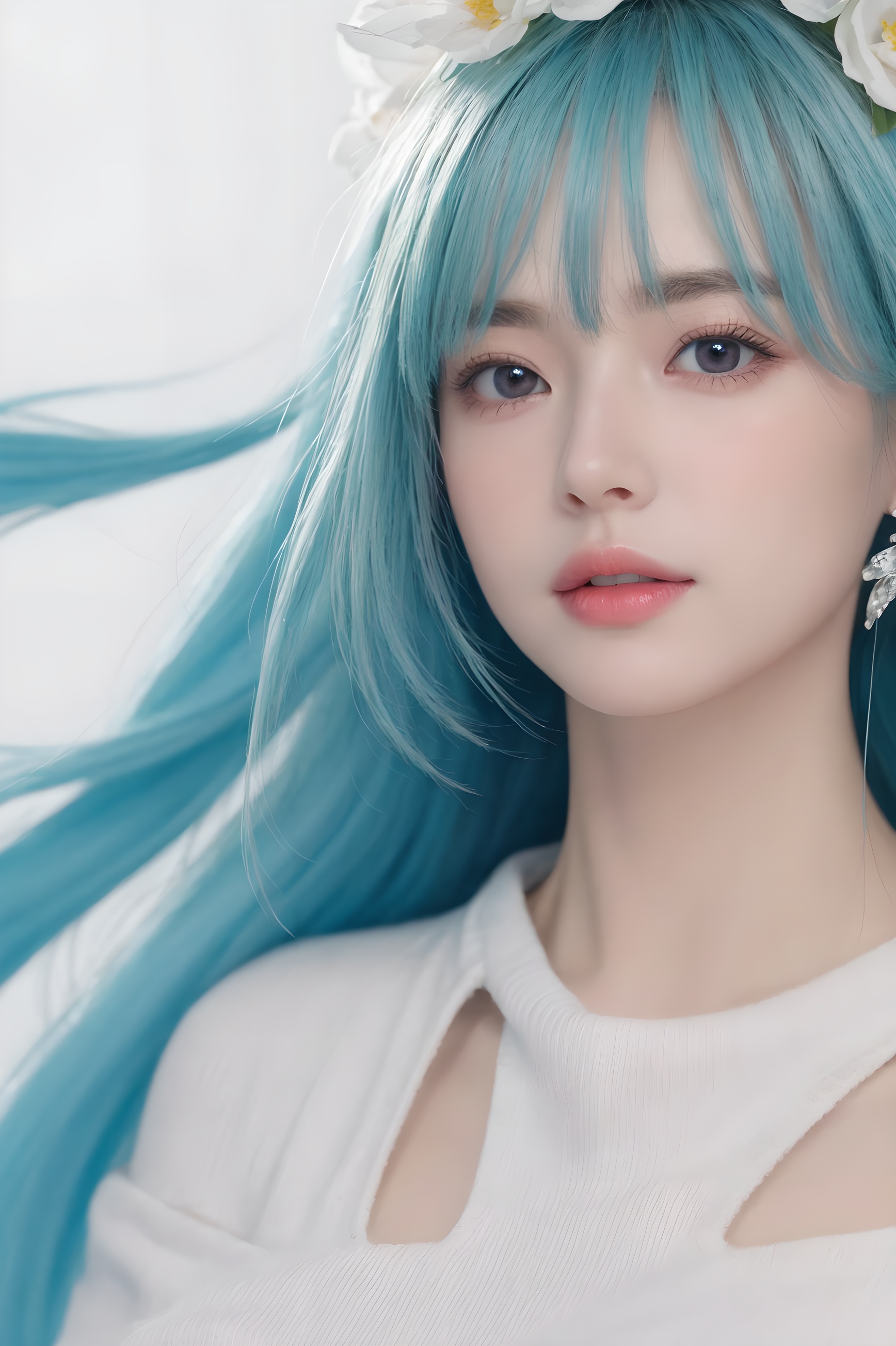 1girl, flower, hair_flower, hair_ornament, earrings, solo, jewelry, hatsune_miku, white_flower, closed_mouth, looking_at_viewer,illustrator, anime , realistic ,sketch , ,lip, Sweater,order, Blue gradient background, Neon hair,Textured crop, Canadian, (masterpiece,best quality),masterpiece,high quality,best quality),(colorful),(delicate eyes and face),volumatic light,ray tracing,extremely detailed CG unity 8k wallpaper,(ahoge:1.3),best quality,official art,(((light from the sky))),floating hair,light shines on hair,whultra-detailed,(((extremely detailed cg 8k wallpaper))),(crystalstexture skin:1.4),(extremely delicate and beautiful),(white skin),looking_at_viewer,kinghere fensejiaren,,realistic,