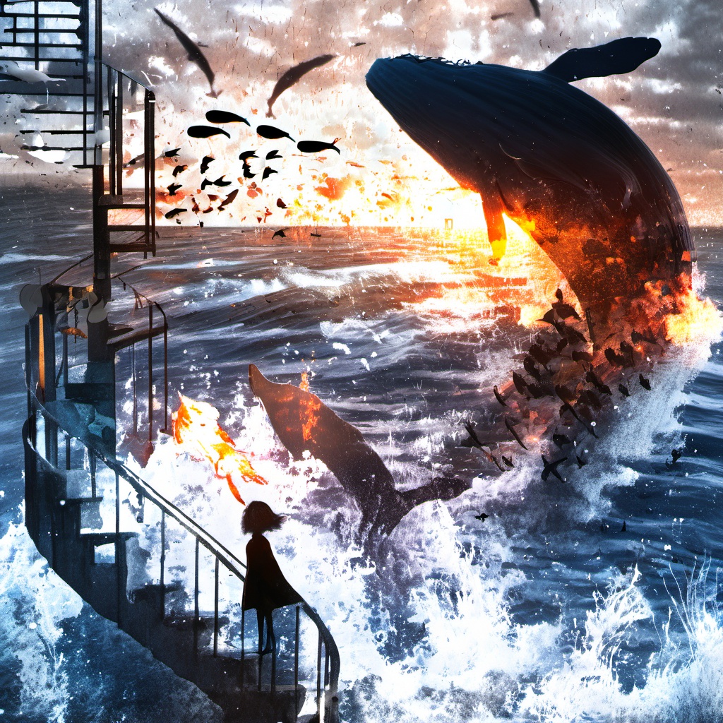 <lora:star_xl_v2:1>,a woman standing on a stair case next to a fire hydrant in the water with birds flying around, 1girl, solo, short hair, dress, standing, outdoors, water, scenery, fish, silhouette, whale, shadow, railing, surreal, The image portrays a surreal and dramatic scene set against a backdrop of a vast, turbulent sea. Dominating the foreground is a massive, dark whale, seemingly emerging from the water with its tail raised. The sea is filled with smaller fish, creating a shimmering effect. To the right, a lone figure stands on a spiral staircase, gazing out at the sea. The sky is filled with birds, possibly seagulls, flying in various directions. The overall mood of the image is intense, with the juxtaposition of the massive whale and the solitary figure adding to the drama., sea, staircase, figure, birds, drama