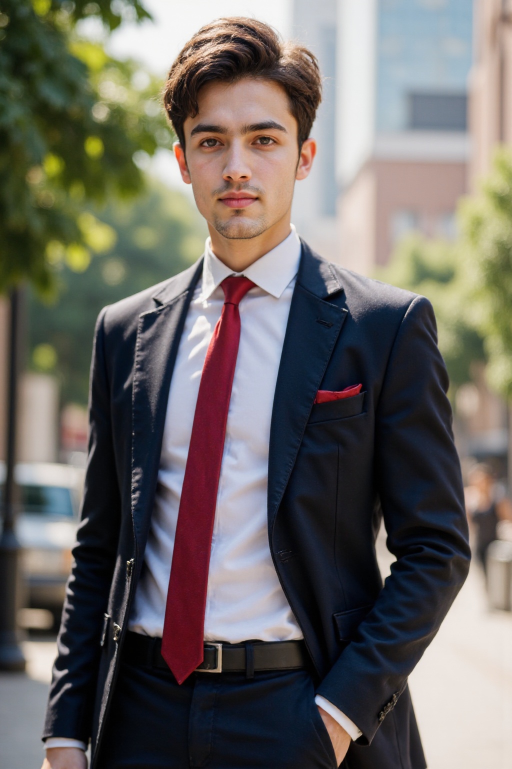 Photograph of a handsome young man with medium skin tone and black, tousled hair. He wears a black suit, white dress shirt, and red tie. He stands on a sunlit urban street with blurred trees and buildings in the background. The man has a confident expression, with one hand in his pocket and the other resting on his hip. The image has a crisp, professional quality, capturing a stylish and modern look.