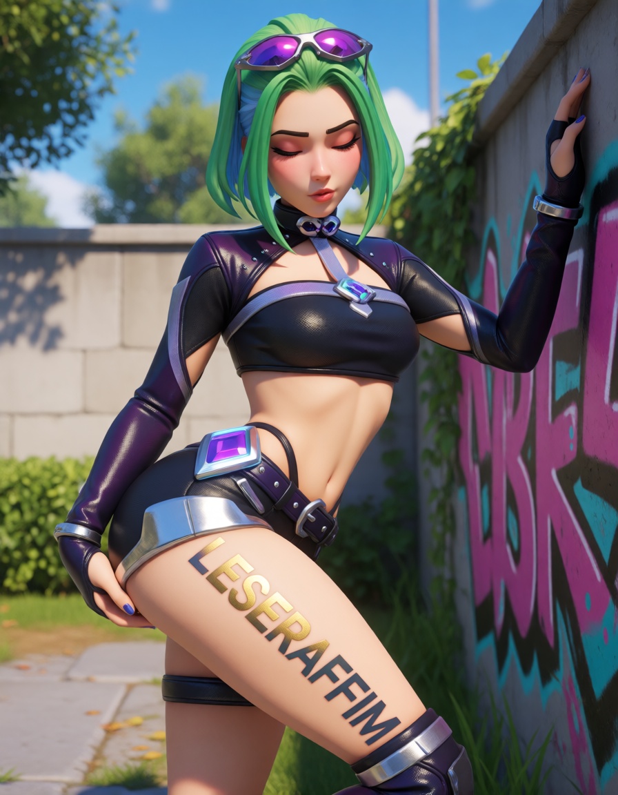 This is a digital CGI artwork of a young woman with a futuristic,  punk-inspired style. She has a light skin tone and a sl...