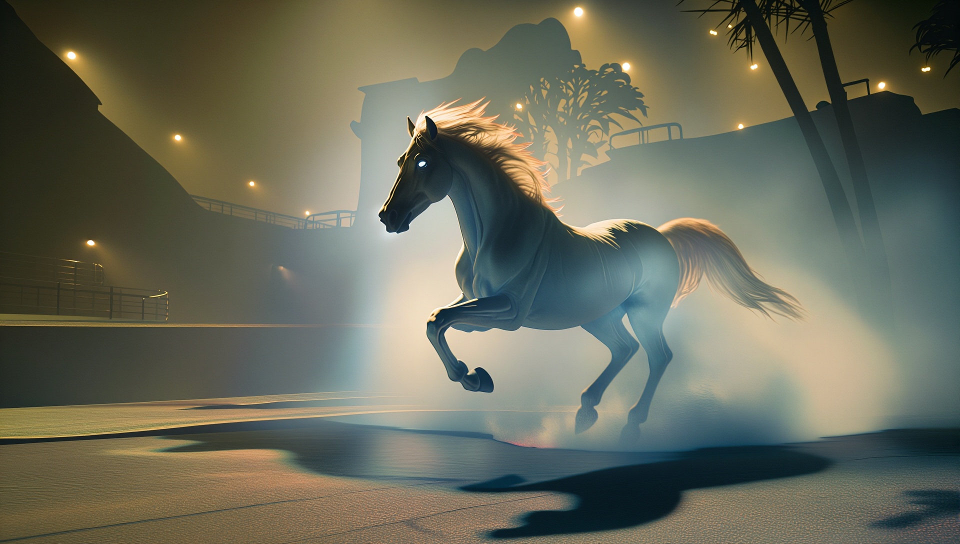 Ghostly rider galloping through fog with glowing eyes on Tensor.Art