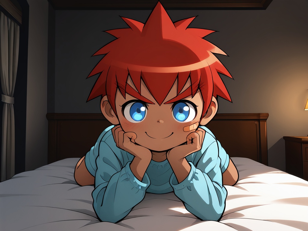 <lora:DGRP_Masaru_XL:1>,explicit,Daimon Masaru,(best quality:1),(best detail:1),(masterpiece:1),bedroom,lying on the bed,male focus,1boy,solo,(toddler:1.2),(petite:1.2),red hair,red thick eyebrow,short hair,blue eyes,dark skin,band-aid on the face,perfect hands,(5fingers:1.1),hands on own chin,in dark blue pajamas,correct anatomy,smile,animation style,available light,(incredibly absurdres:3),