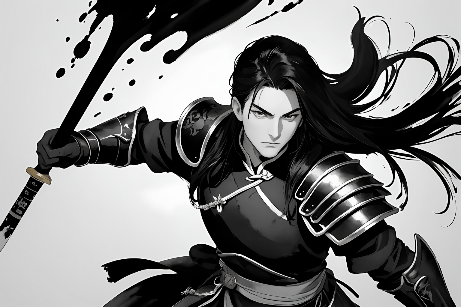 a man,(china painting style:1.2),wear gloves on your hands,black gloves,long hair,black hair,armor burly,dynamic visual angle,look up at,sober and grave,((wash painting)),((ink s...)),armor,(chinese ink:1.2),(black and white:1.2),ink and wash style,china's ancient armor,with a sword in his hand,look at the camera,
