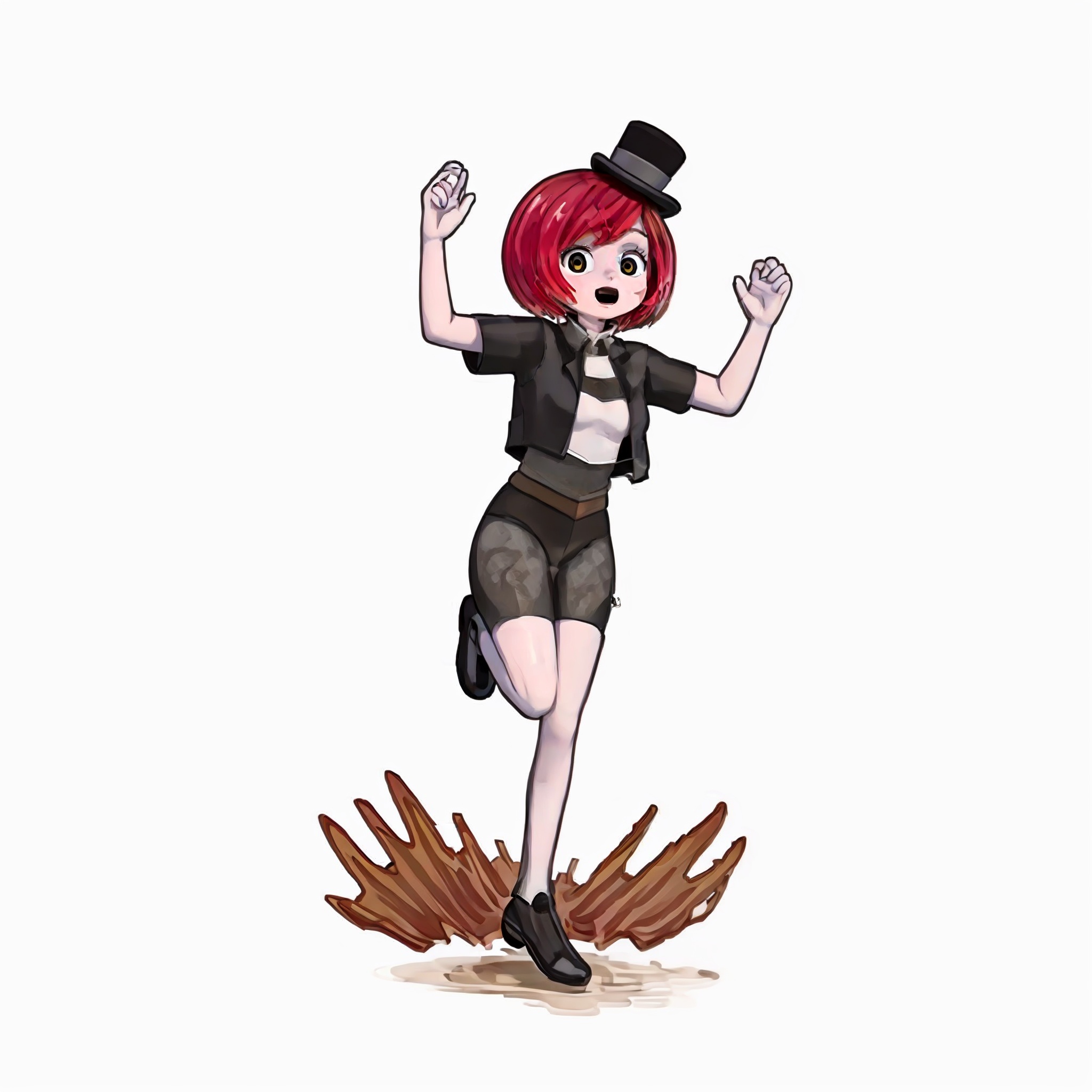 masterpiece, best quality,、qijimiss(IP),Graphic illustration, GIRL, kwamiss，Jump up, raise your arms,full body,red hair, clean white background<lora:kwamiss v1-000020:0.8><lora:gurin V2-25:0.6>, 