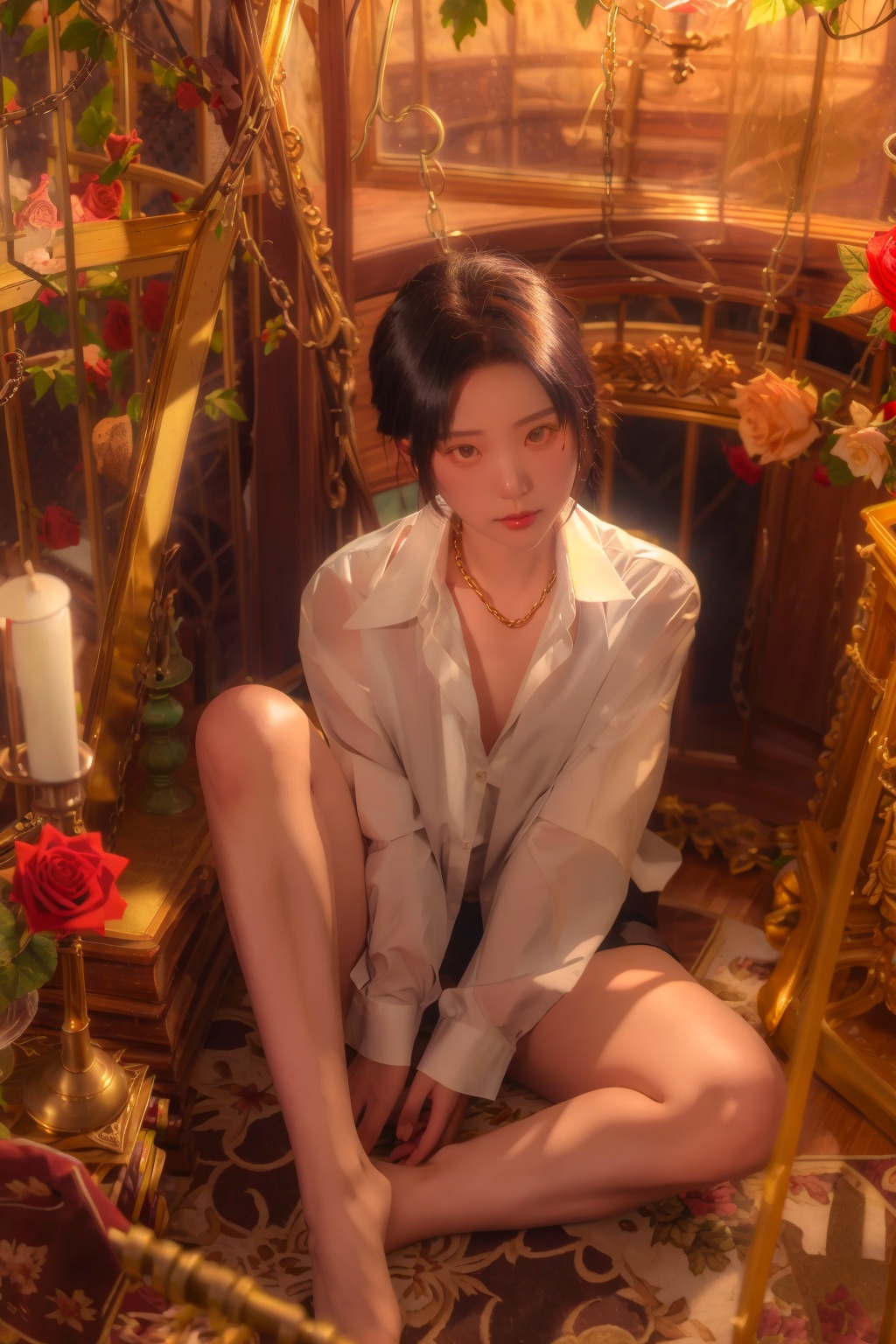 longzhongque,sunlight,magnificent,golden birdcage,shirt,barefoot,bottle,sitting,cage,solo,black hair,white shirt,book,short hair,flower,wine glass,male focus,dark skin,1boy,looking at viewer,naked shirt,indoors,alcohol,wine bottle,collared shirt,1girl,wine,cup,long sleeves,drinking glass,dress shirt,open shirt,plant,window blinds,candle,rose,window,jewelry,from above,between legs,bare legs,open clothes,curtains,closed mouth,petals,hand between legs,chain,<lora:longzhongque_v1_5_512:0.8>,