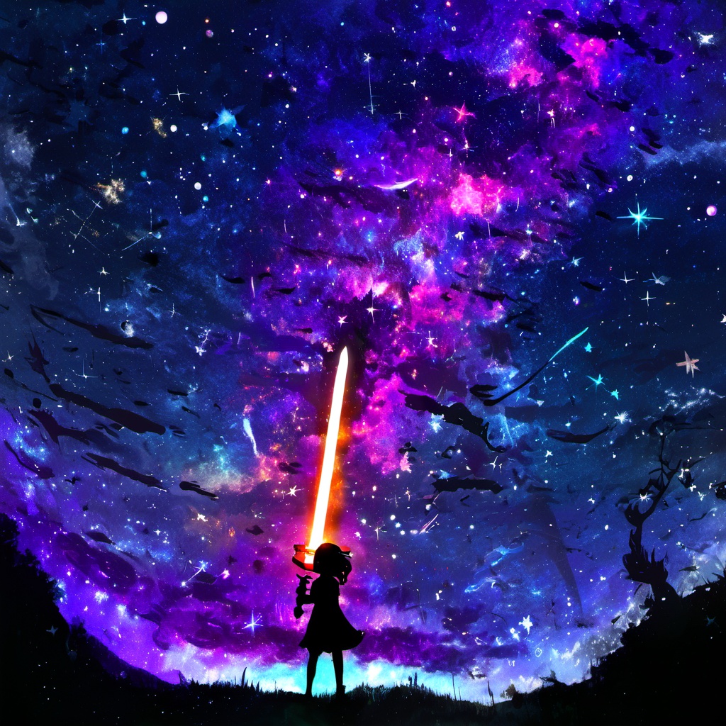 <lora:star_xl_v3:1>,the background is a starry night sky,a silhouette of a girl holding a sword,a brightly colored sword t which maps the starry sky and the milky way inside,halo,ethereal,