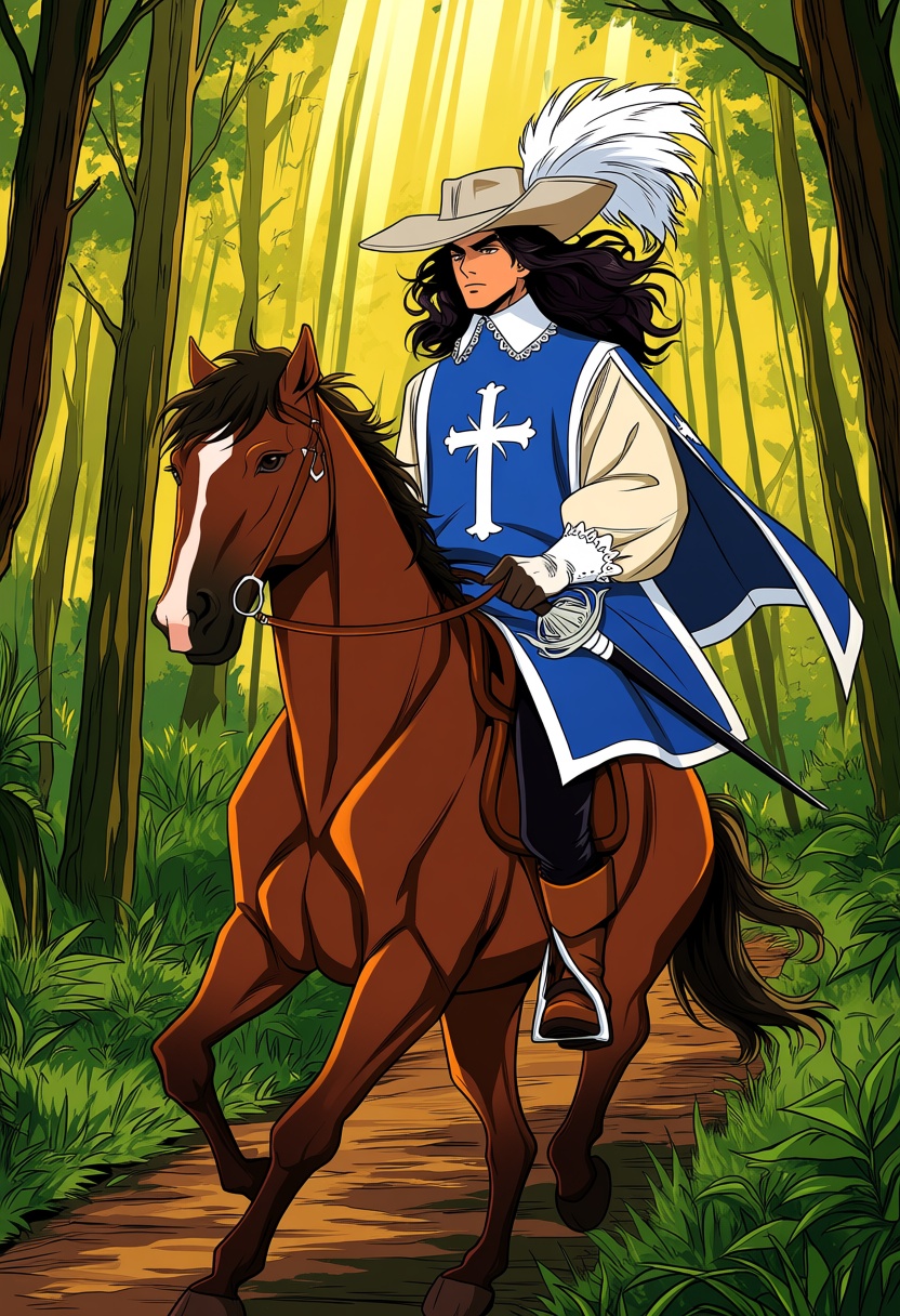 @demoniousxd. A musketeer with long dark wavy hair and sharp features rides confidently through a lush forest on a powerfu...