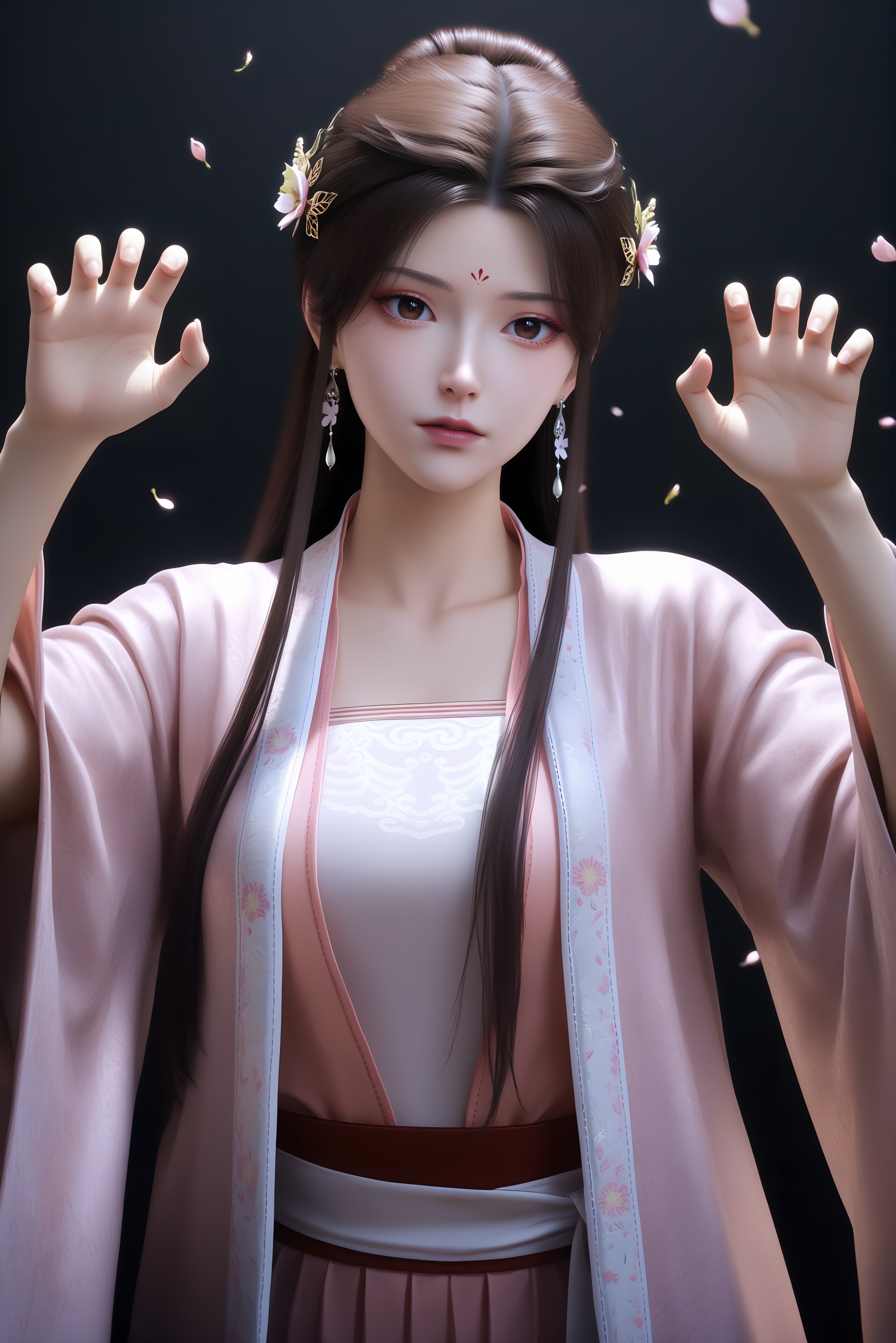 masterpiece,best quality,absurdres,highres,<lora:苏檀儿-ill:0.82>,1girl,solo,flower hair accessory,hair flower,hair ornament,long hair,half-up bun,dark brown hair,jewelry,earrings,forehead mark,brown eyes,pupils,dilated_pupils,brown_pupils,silk robe,pink robe,layered outfit,beizi,ru top,waist sash,pink,looking at viewer,(front view),(paw_pose:1.1),claw_pose,BREAK(white_skin:1.1),(fair_skin:1.1),realistic,twig,branch,falling petals,simple background,black background,rim light,Volumetric Lighting,lens flare,Tyndall effect,depth of field,bokeh,