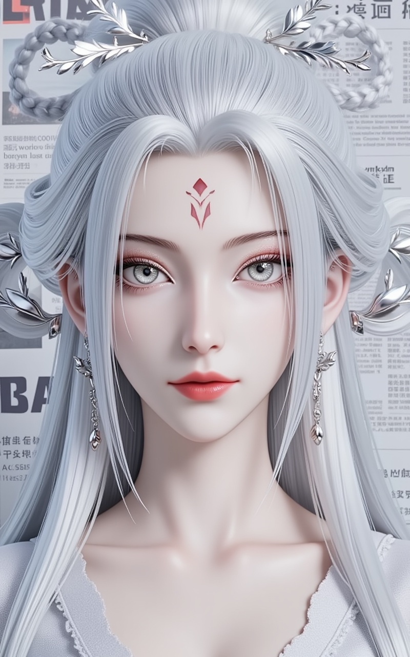 <lora:小白·发髻·衣服百搭款6:1.1>,xiaobai,1girl,solo,jewelry,earrings,white hair,hair ornament,long hair,facial mark,forehead mark,braid,red lips,closed mouth,makeup,grey eyes,hair rings,looking at viewer,cover,gradient background,close-up details,outstanding style,adding a touch of dimension to your images without compromising details,close-up,<lora:DJ滤镜_2.5D版:0.3>,lvjing,<lora:油画唯美滤镜15:0.2>,baoshi,<lora:报纸背景·5:0.4>,baozhi,paper,newspaper,the newspaper wall,newspaper background,