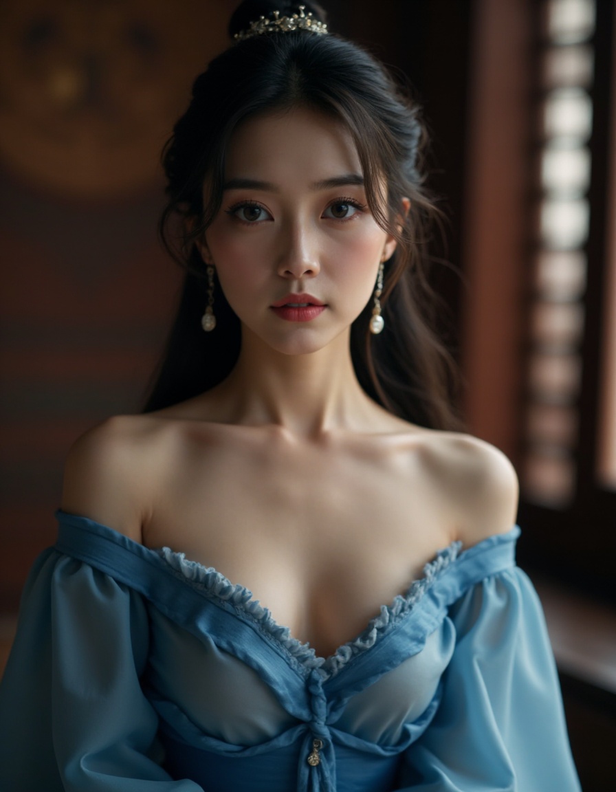 HDR photo of cinematic film still 1girl, solo, dress, long hair, hair ornament, breasts, bare shoulders, chinese clothes, jewelry, earrings, realistic, hair bun, blue dress, looking at viewer, sash, off shoulder, waist up, upper body, chinese dress, brown hair, parted lips, black hair, cleavage, large breasts, long sleeves, indoors . shallow depth of field, vignette, highly detailed, high budget, bokeh, cinemascope, moody, epic, gorgeous, film grain, grainy . High dynamic range, vivid, rich details, clear shadows and highlights, realistic, intense, enhanced contrast, highly detailed
