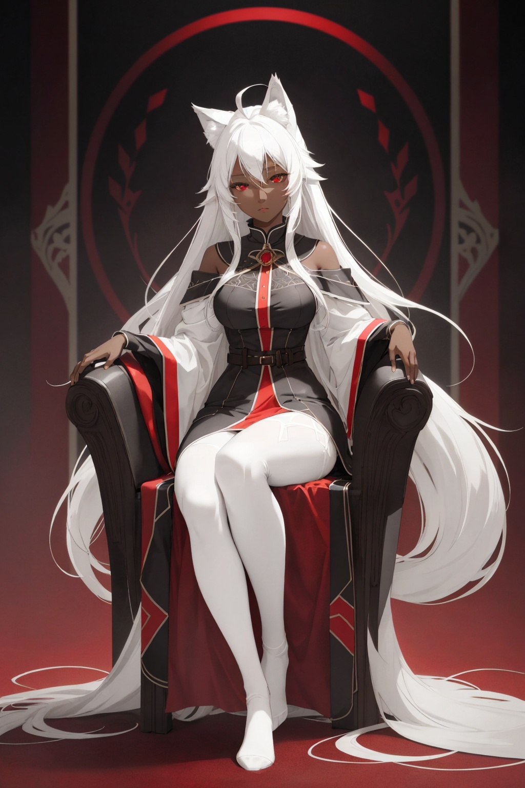 best quality,Amazing,1girl,beautiful detailed eyes,(an extremely delicate and beautiful girl),finely detail,Depth of field,(full body),dark skin,white streaked hair,red eyes,cold faces,ahoge,wolf ear fluff,white hair,red eyes,pantyhose,no shoes,facing viewer,(dark theme),