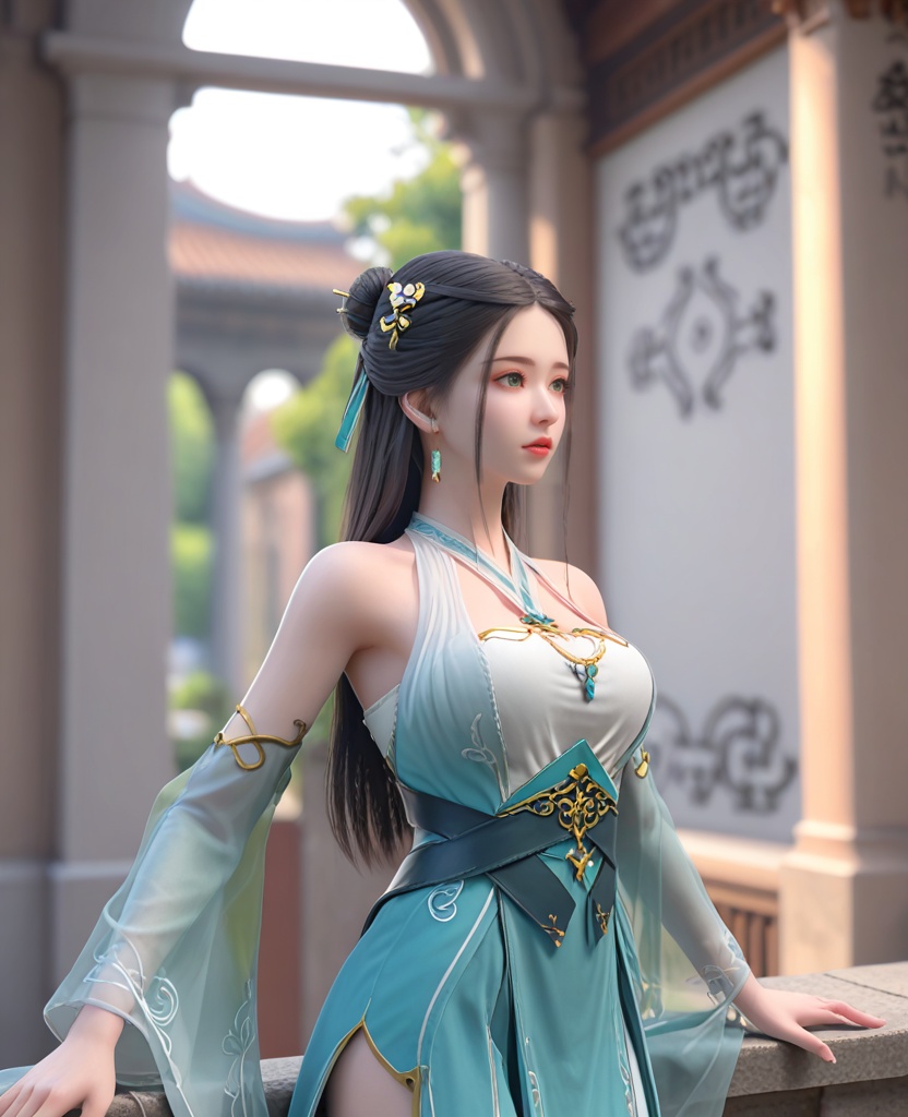 (oriental architecture, elegant decor, sophisticated style:1.1),(standing splits:1.1),(breasts:1.2),<lora:XL雪鹰领主卓依:0.8>,miss zhuoyi,blue gradient white dress,white corset,black hair,long hair,detached sleeves,hair ornament,jewelry,hair bun,see-through sleeves,green eyes,black belt,red eyelashes,, score_9,score_8_up,score_7_up,score_6_up,score_5_up,score_4_up,3d rendering,tag1,tag2, Cinematic Lighting,backlighting,