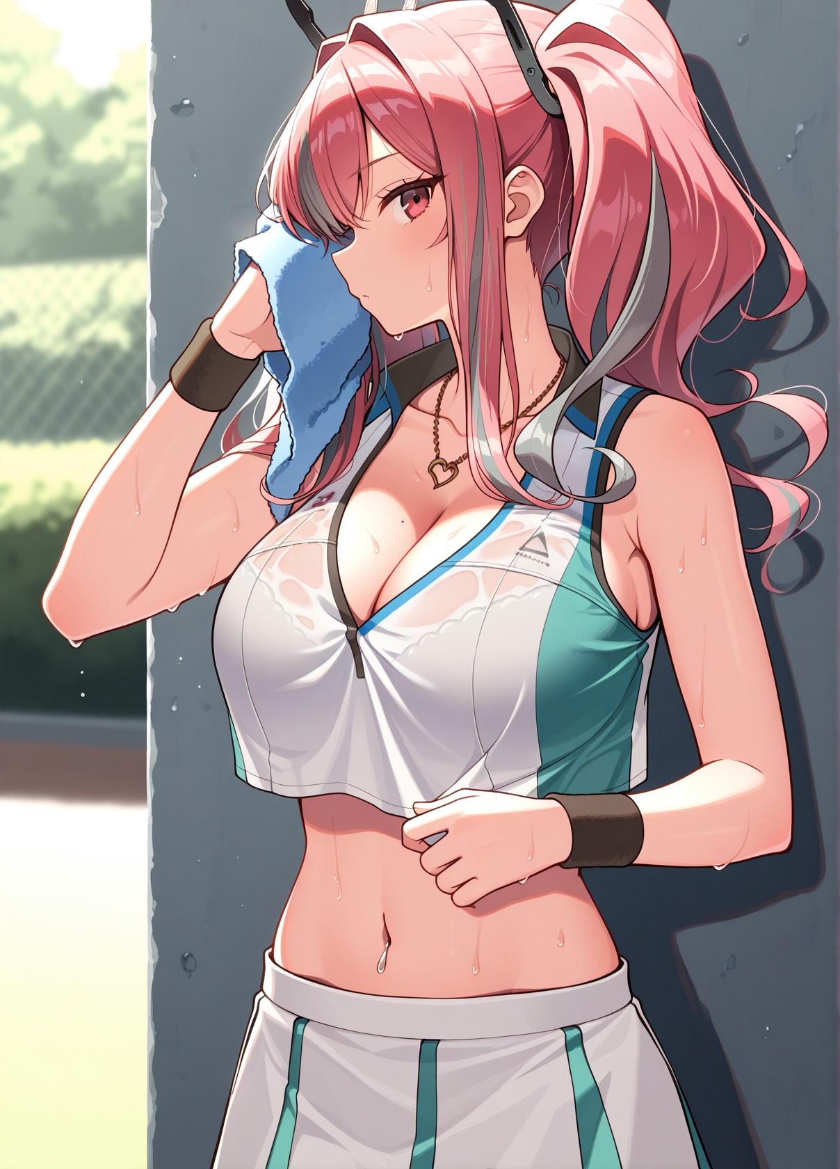 <lora:bremerton_IL_v1.0:1>,bremerton (scorching-hot training) (azur lane),heart necklace,sweat,drying,sideways glance,looking at viewer,cowboy shot,outdoors,, masterpiece,best quality,