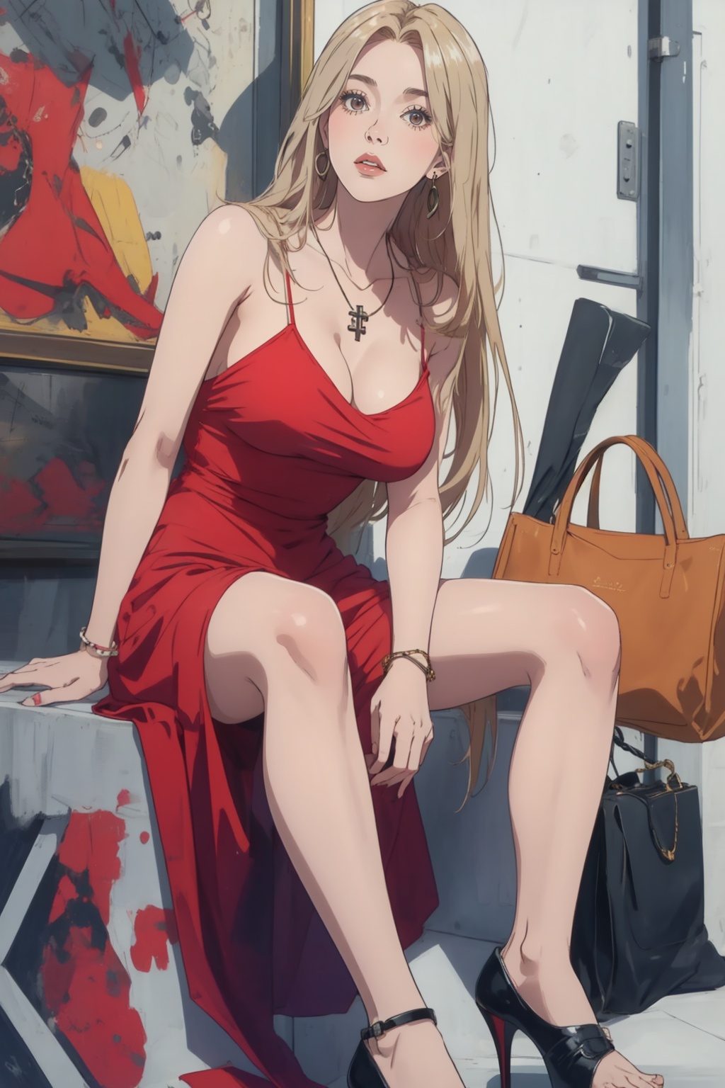 (best quality),((masterpiece)),(highres),illustration,original,extremely detailed,1girl,solo,red dress,bag,jewelry,blonde hair,high heels,long hair,necklace,dress,cross,eyes,sitting,bracelet,handbag,cross necklace,white background,breasts,black footwear,sideboob,simple background,earrings,short dress,<lora:美人吟-时女BeautySinging-TimeGirl:0.7>,