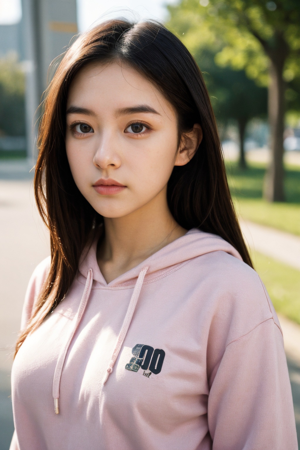 1girl, solo, teenage, film grain, realistic, photorealistic, long hair, looking at viewer, breasts, black hair, black eyes, upper body, hoodie, outdoors, 